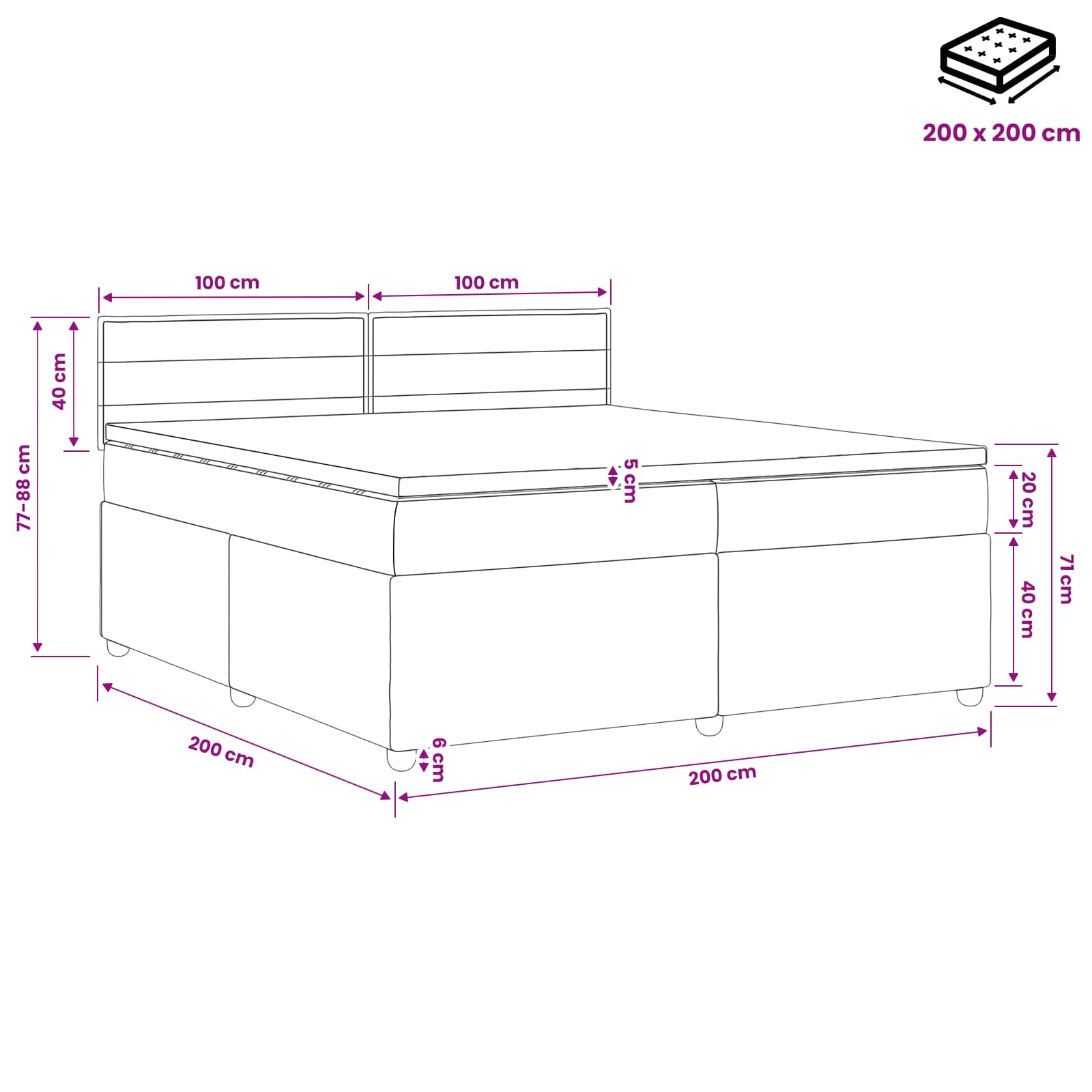 Κρεβάτι box spring με στρώμα Μαύρο 200 x 200 cm Ύφασμα - Pakobazaar