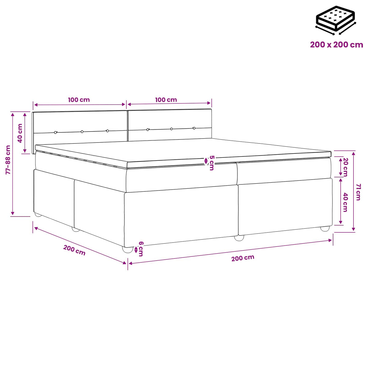 Κρεβάτι box spring με στρώμα Μαύρο 200 x 200 cm Ύφασμα - Pakobazaar