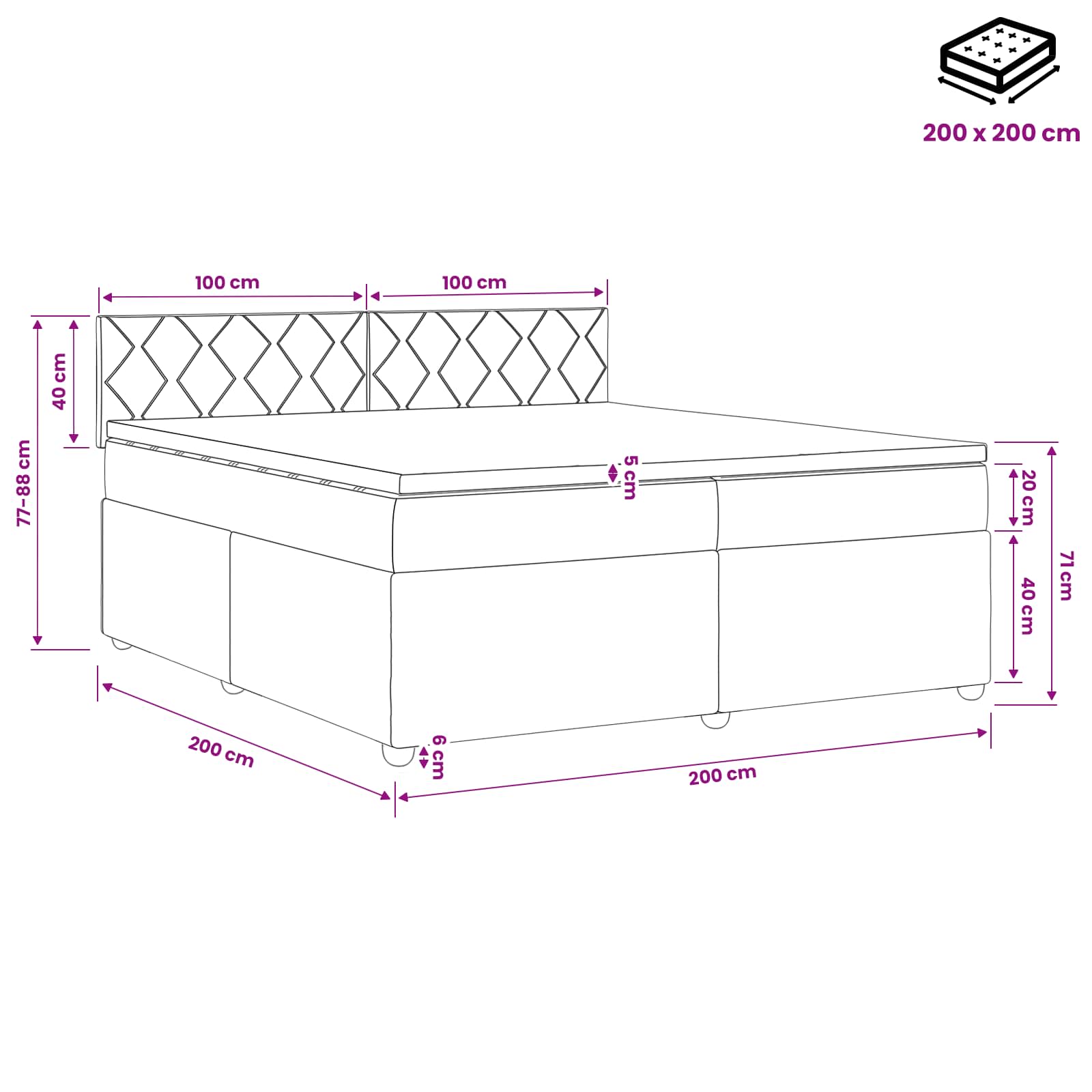 Κρεβάτι box spring με στρώμα Σκούρο Γκρι 200 x 200 cm Ύφασμα - Pakobazaar