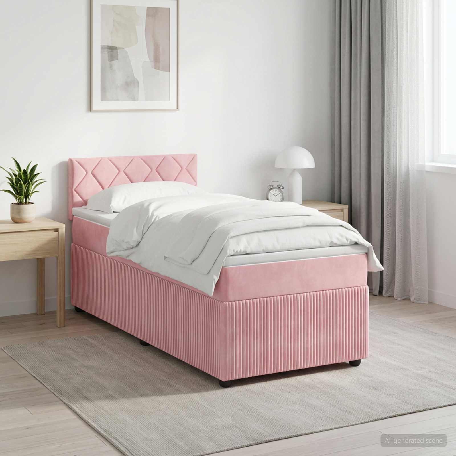 Κρεβάτι box spring με στρώμα Ροζ 90 x 190 cm Βελούδο - Pakobazaar