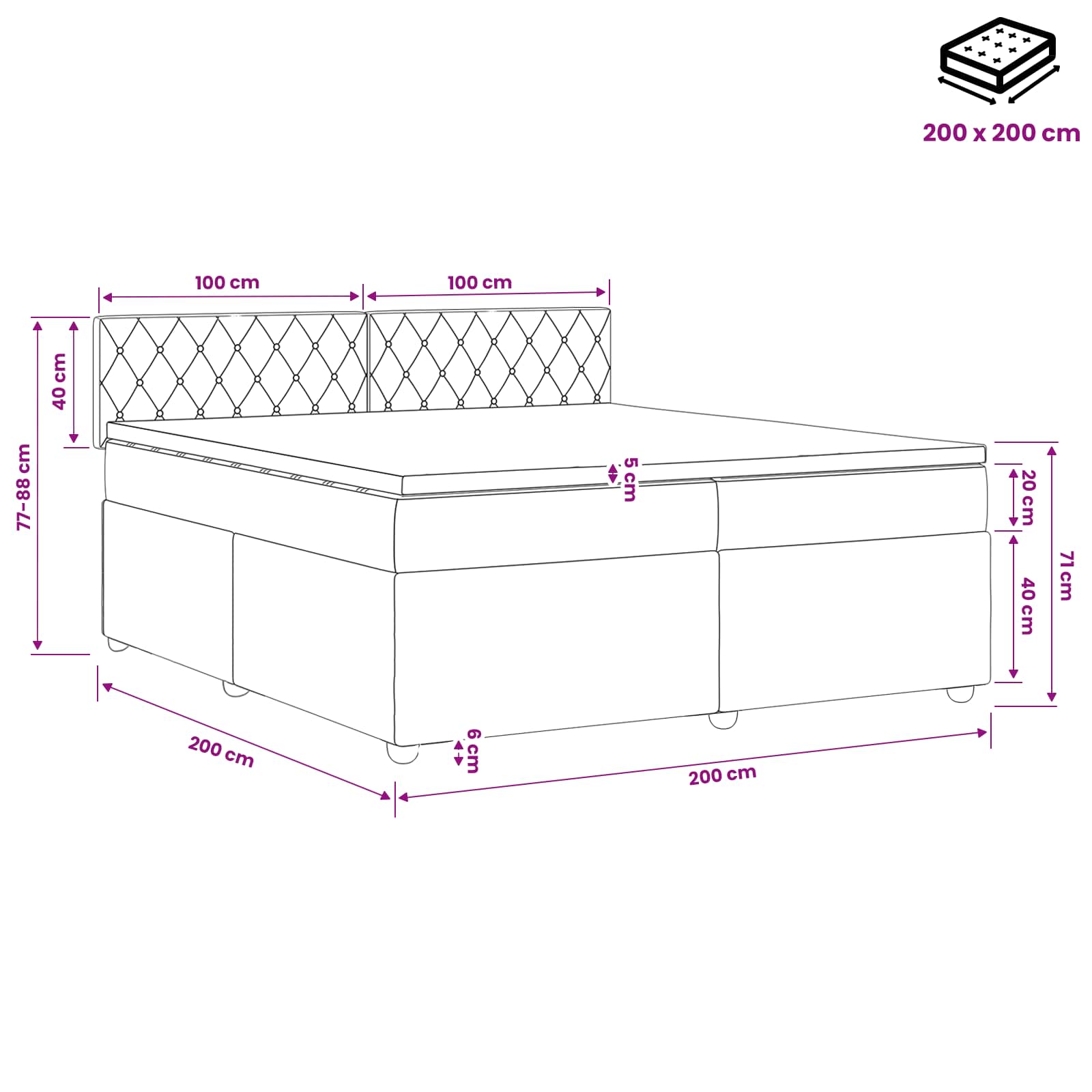 Κρεβάτι box spring με στρώμα Μαύρο 200 x 200 cm Βελούδο - Pakobazaar