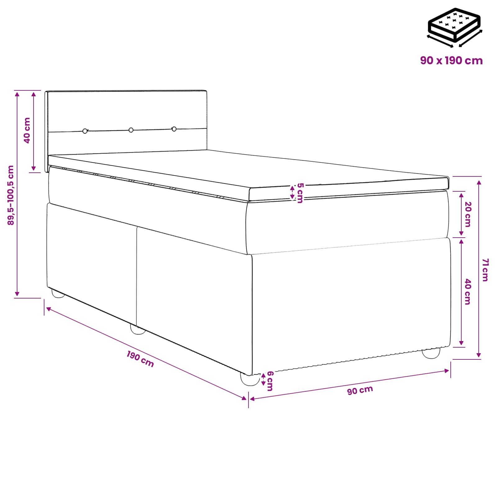 Κρεβάτι box spring με στρώμα Σκούρο Γκρι 90 x 190 cm Ύφασμα