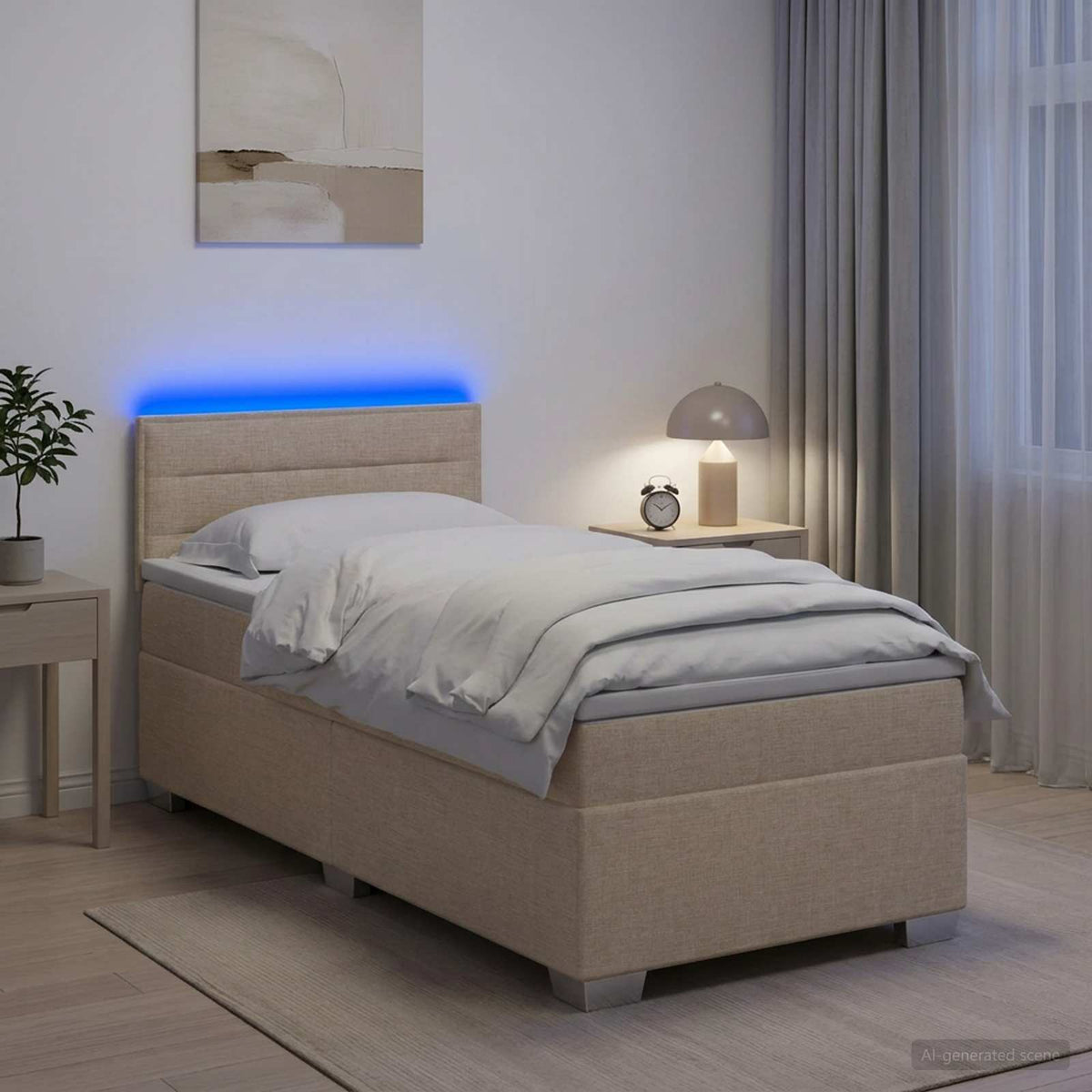 Κρεβάτι Box Spring με Στρώμα και LED Κρεμ 90 x 190 cm Ύφασμα - Pakobazaar