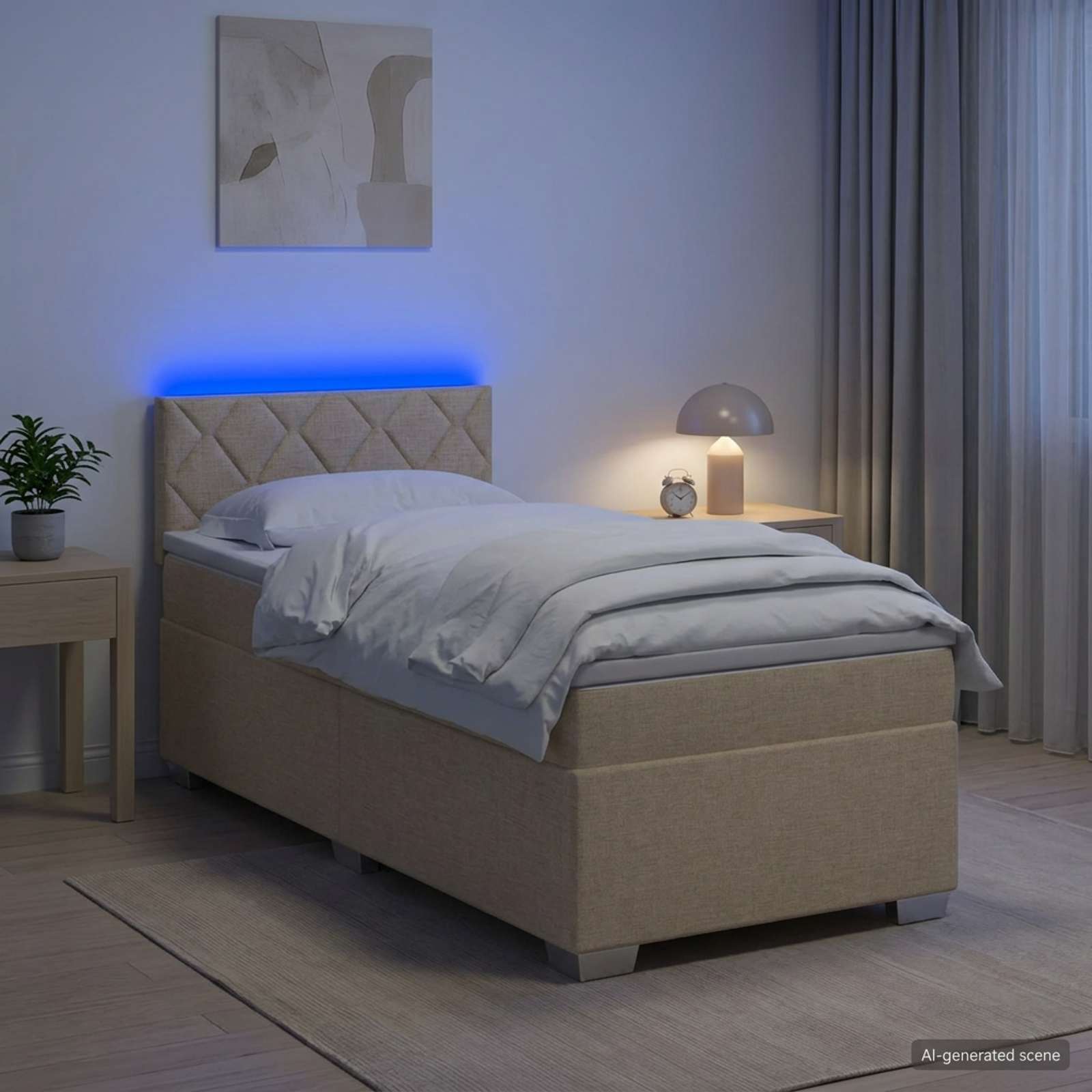 Κρεβάτι Box Spring με Στρώμα και LED Κρεμ 100 x 200 cm Ύφασμα - Pakobazaar