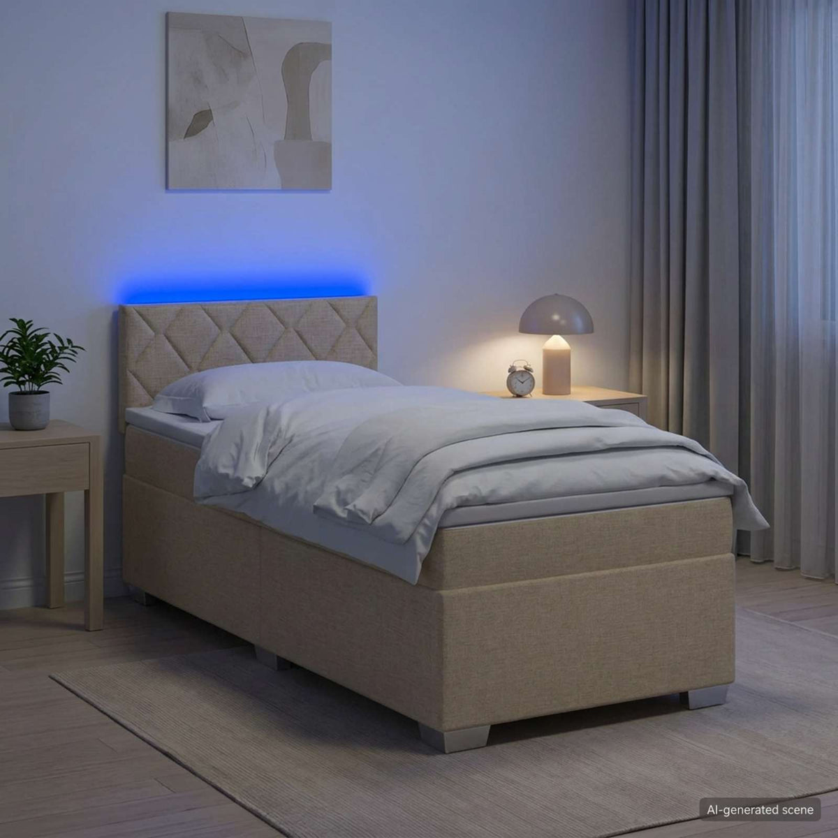 Κρεβάτι Box Spring με Στρώμα και LED Κρεμ 90 x 200 cm Ύφασμα - Pakobazaar