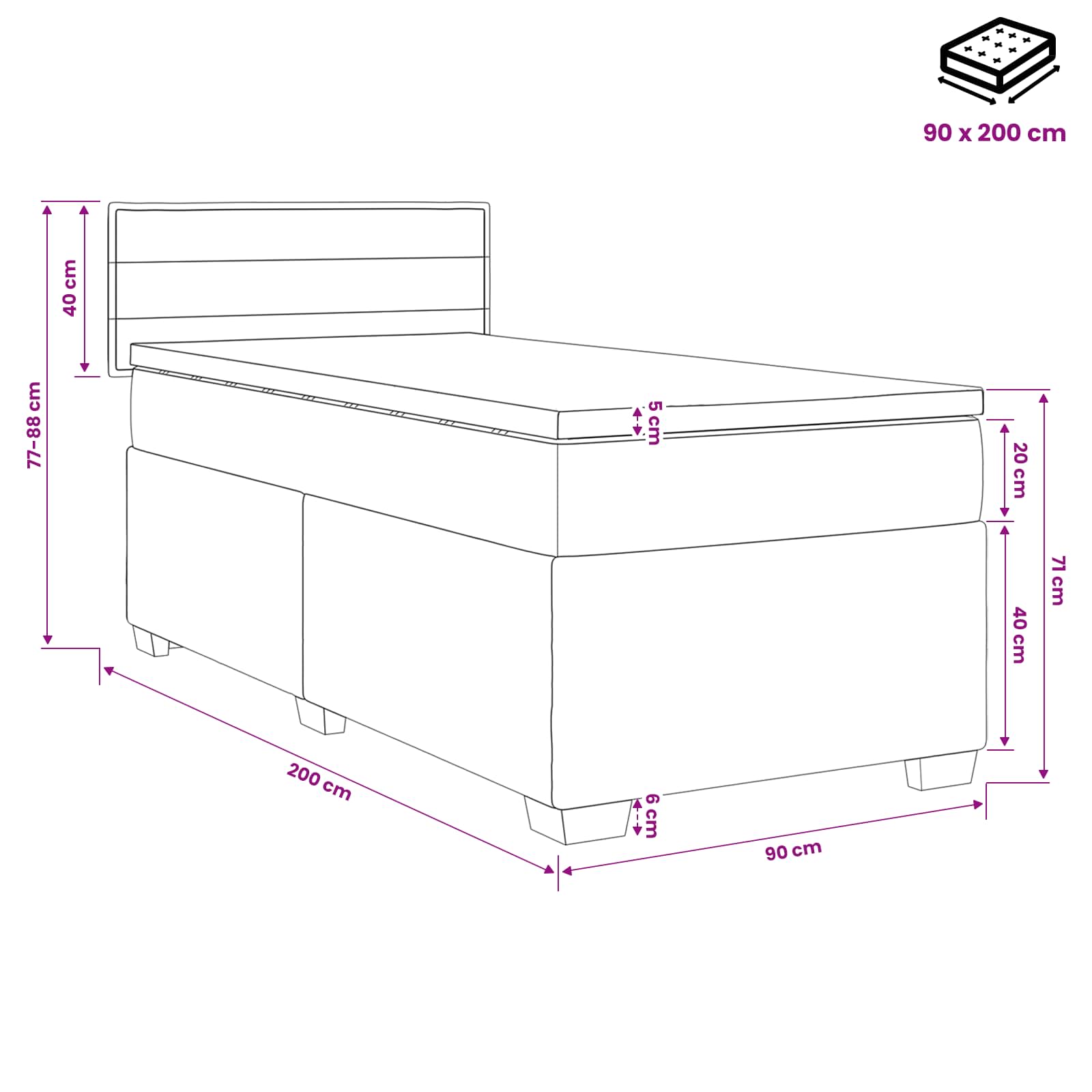 Κρεβάτι Box Spring με Στρώμα και LED Μπλε 90 x 200 cm Ύφασμα