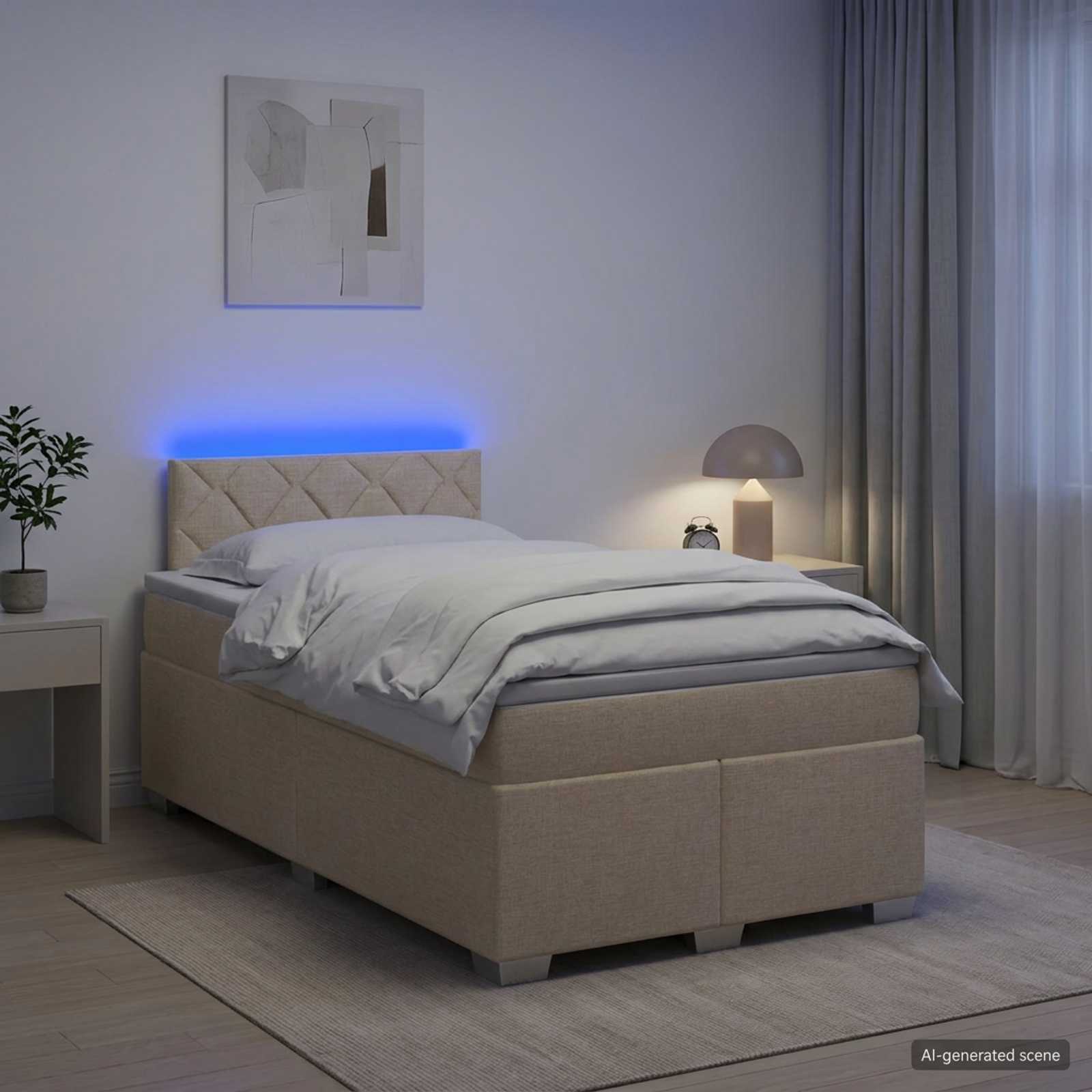 Κρεβάτι Box Spring με Στρώμα και LED Κρεμ 120 x 200 cm Ύφασμα