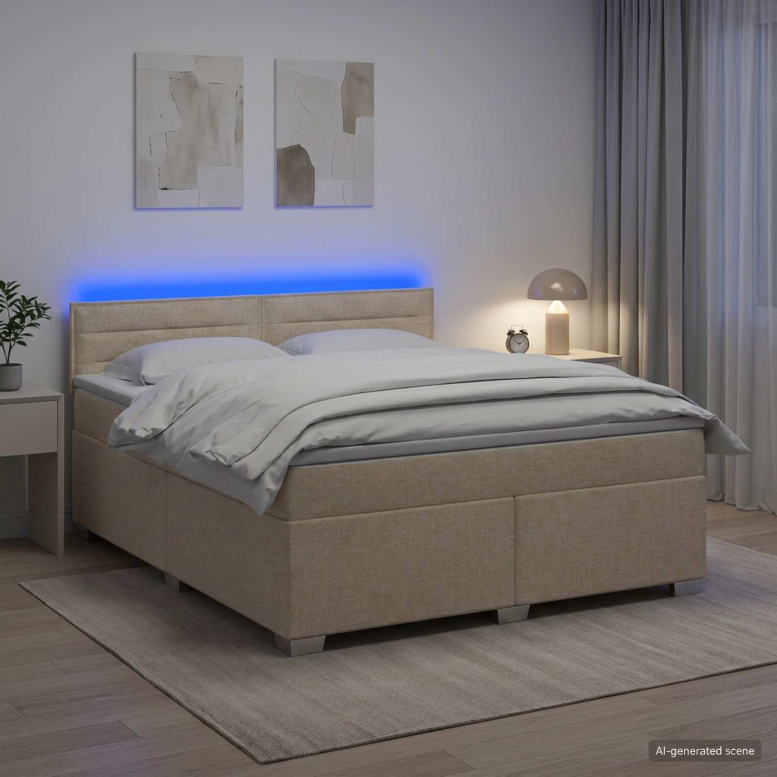 Κρεβάτι Box Spring με Στρώμα και LED Κρεμ 180 x 200 cm Ύφασμα - Pakobazaar
