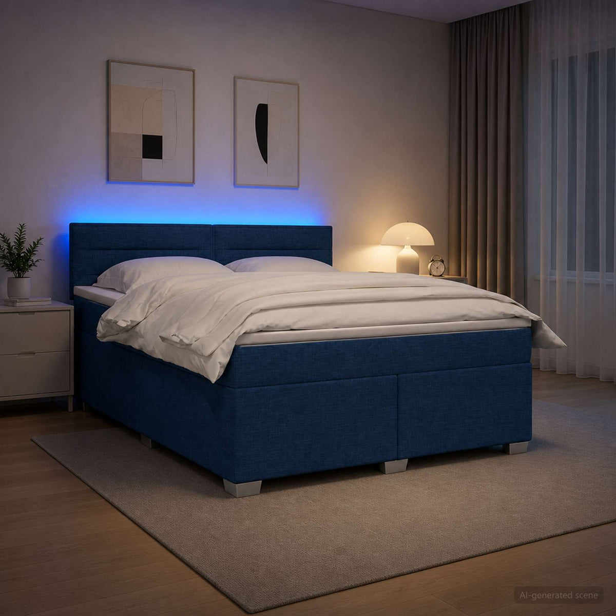 Κρεβάτι Box Spring με Στρώμα και LED Μπλε 160 x 200 cm Ύφασμα