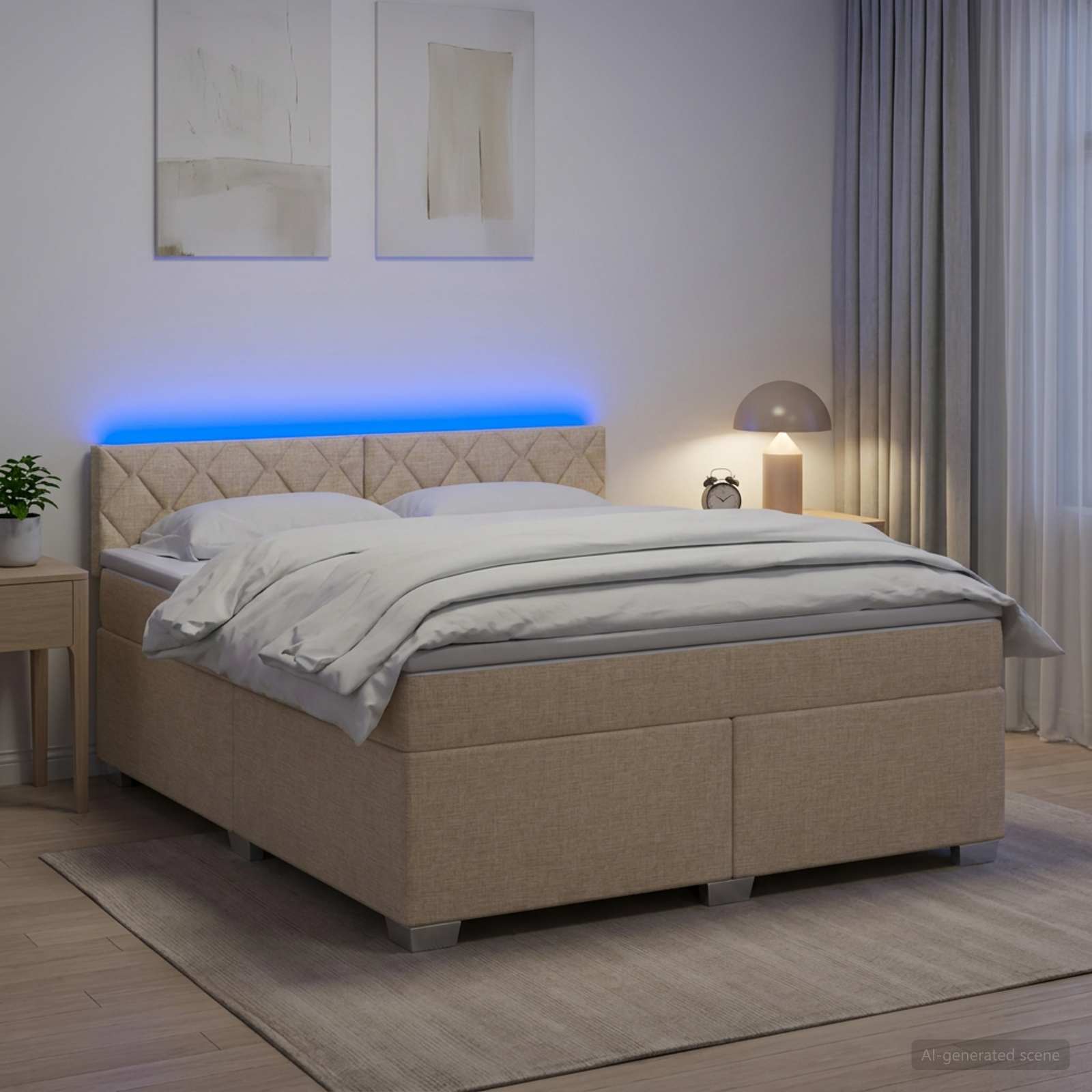 Κρεβάτι Box Spring με Στρώμα και LED Κρεμ 180 x 200 cm Ύφασμα - Pakobazaar