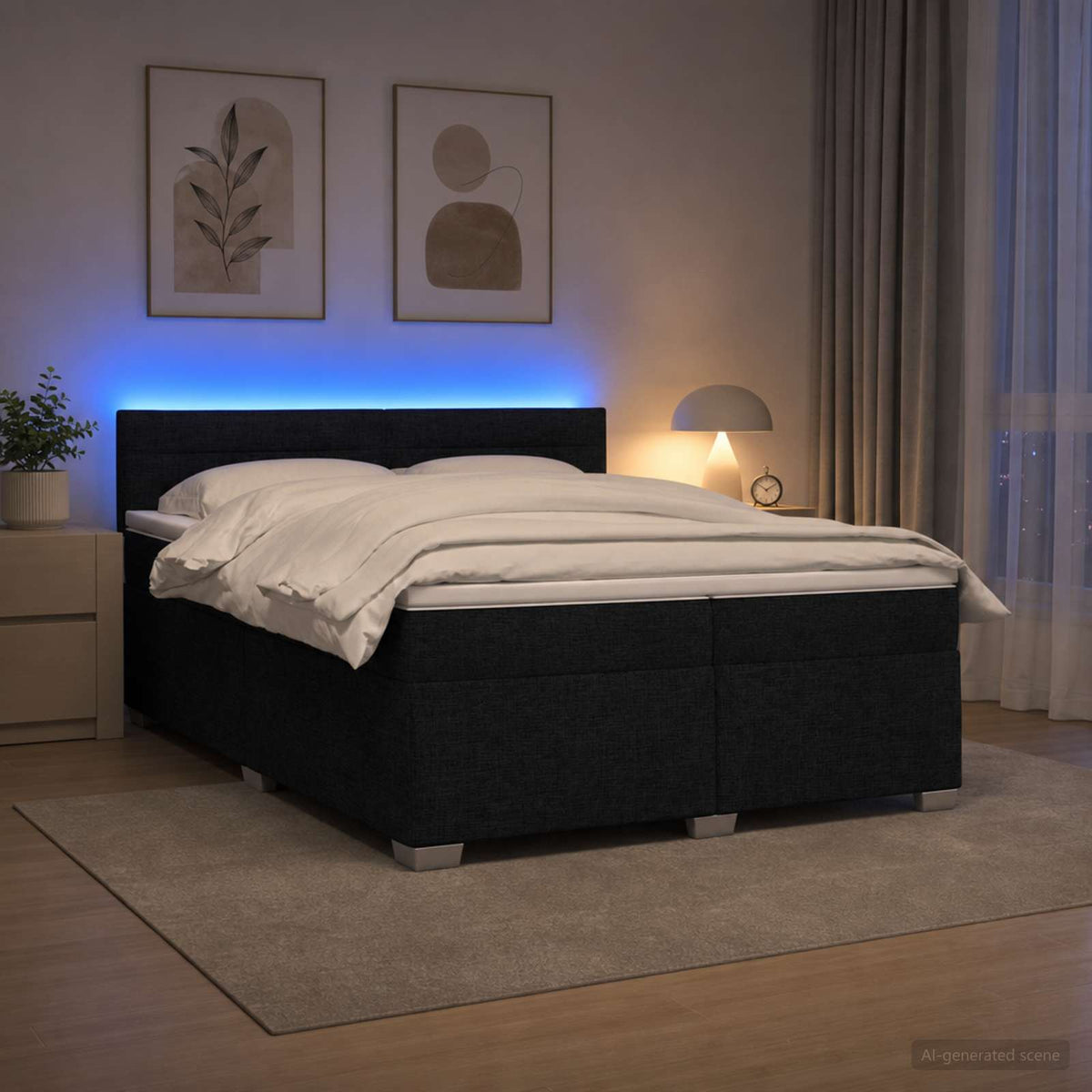 Κρεβάτι Box Spring με Στρώμα και LED Μαύρο 200 x 200 cm Ύφασμα