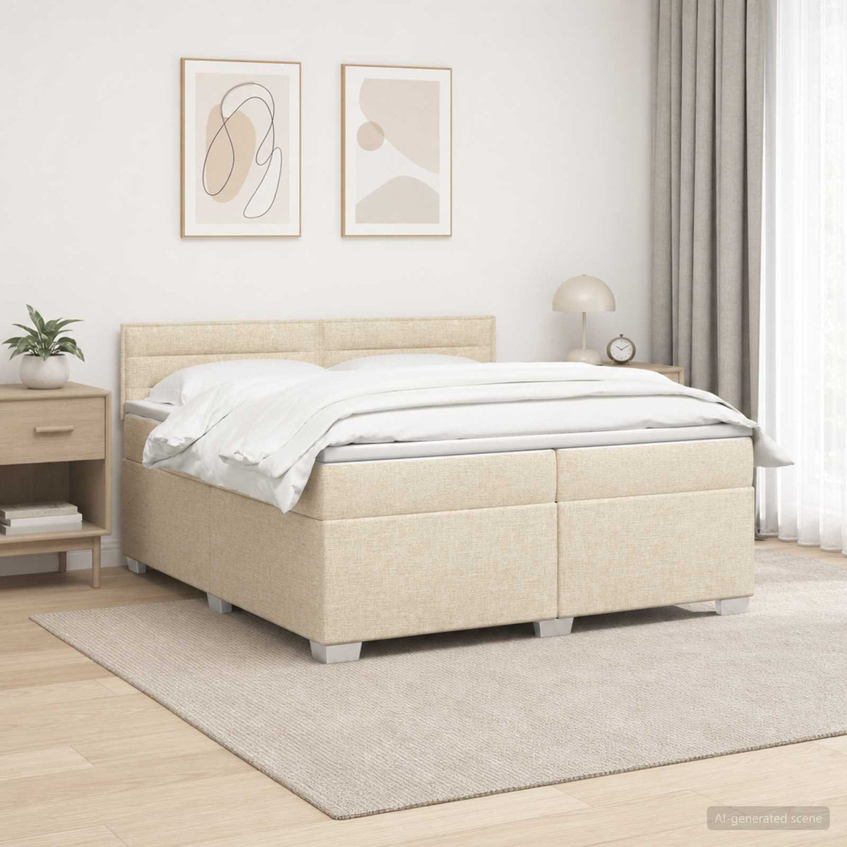 Κρεβάτι Box Spring με Στρώμα και LED Κρεμ 200 x 200 cm Ύφασμα