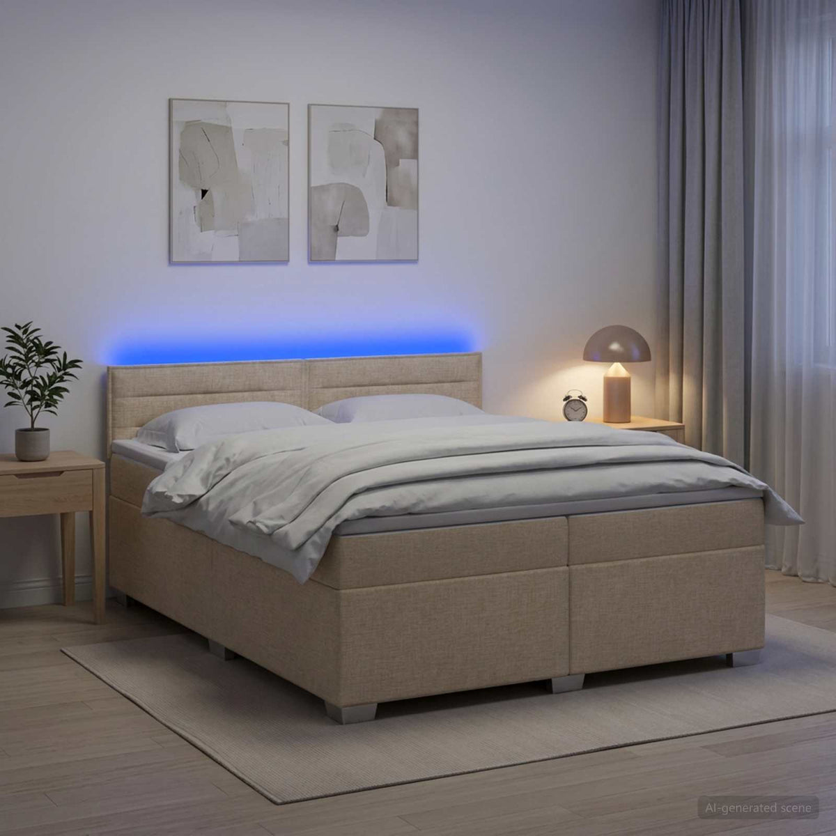 Κρεβάτι Box Spring με Στρώμα και LED Κρεμ 200 x 200 cm Ύφασμα