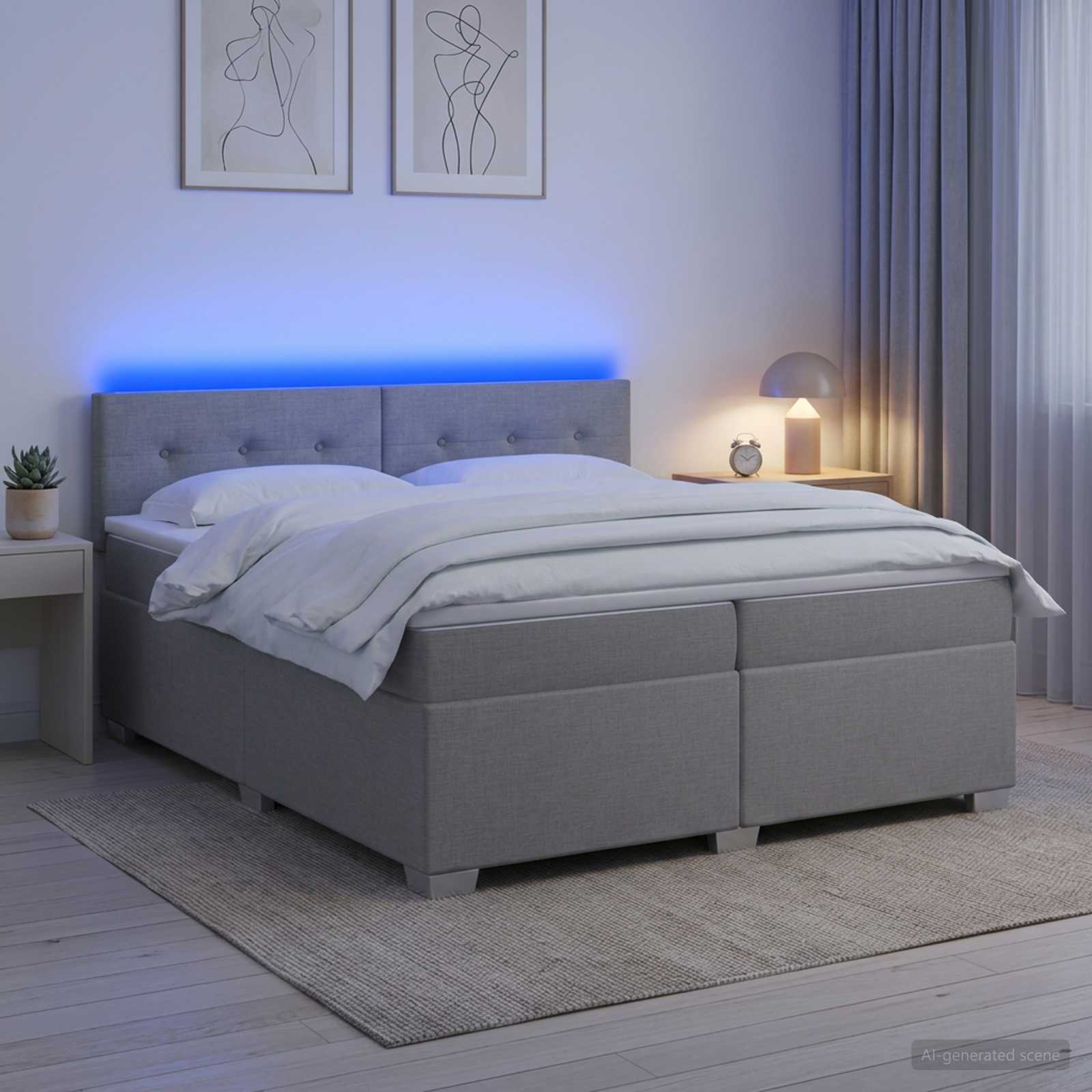 Κρεβάτι Box Spring με Στρώμα και LED Ανοιχτό γκρι 200 x 200 cm - Pakobazaar