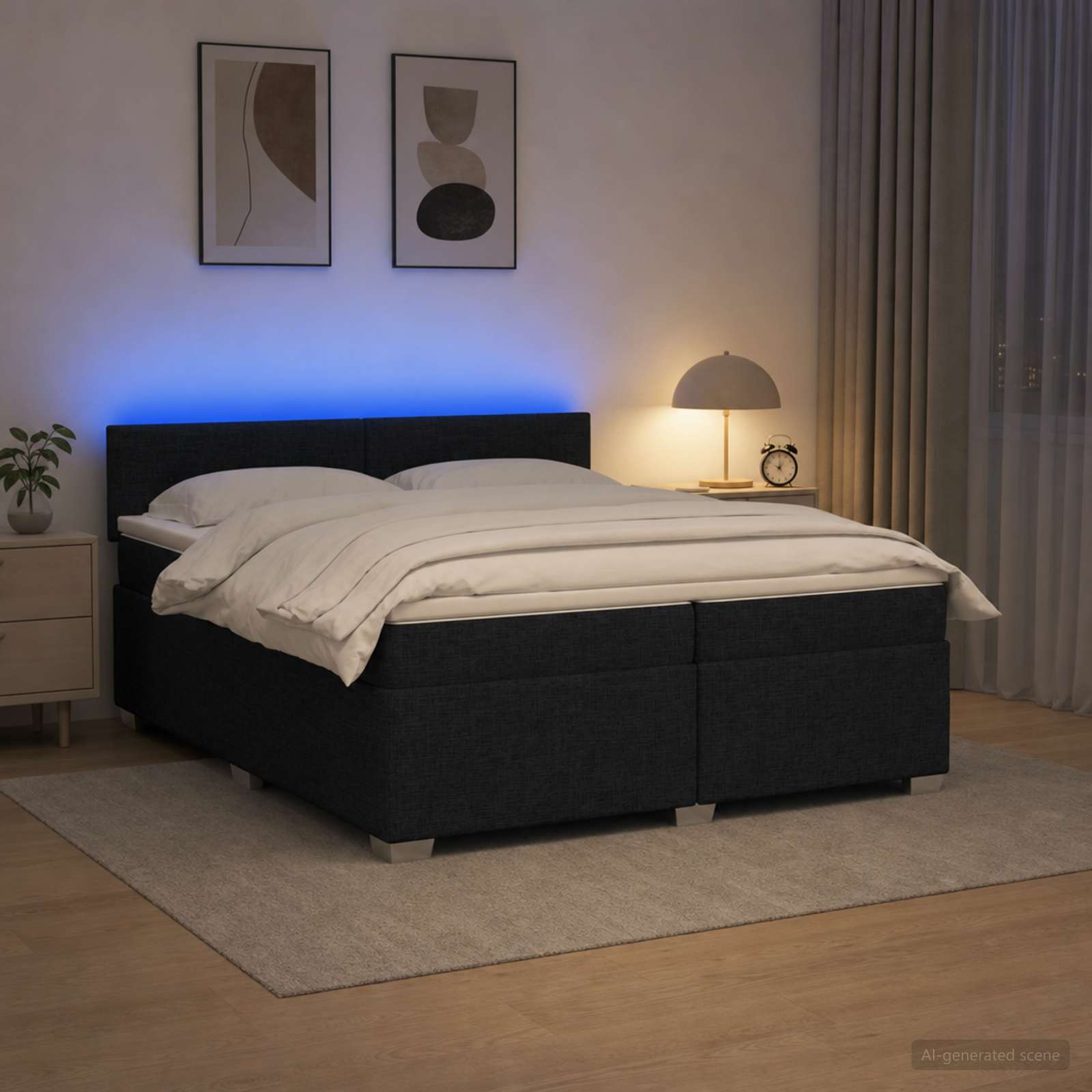 Κρεβάτι Box Spring με Στρώμα και LED Μαύρο 200 x 200 cm Ύφασμα - Pakobazaar