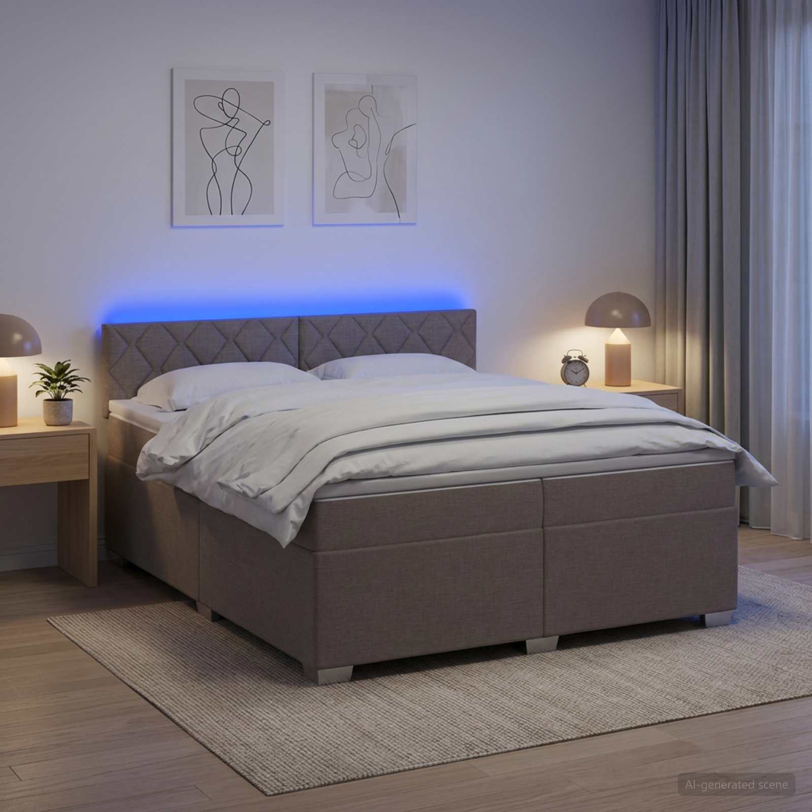 Κρεβάτι Box Spring με Στρώμα και LED Taupe 200 x 200 cm Ύφασμα - Pakobazaar