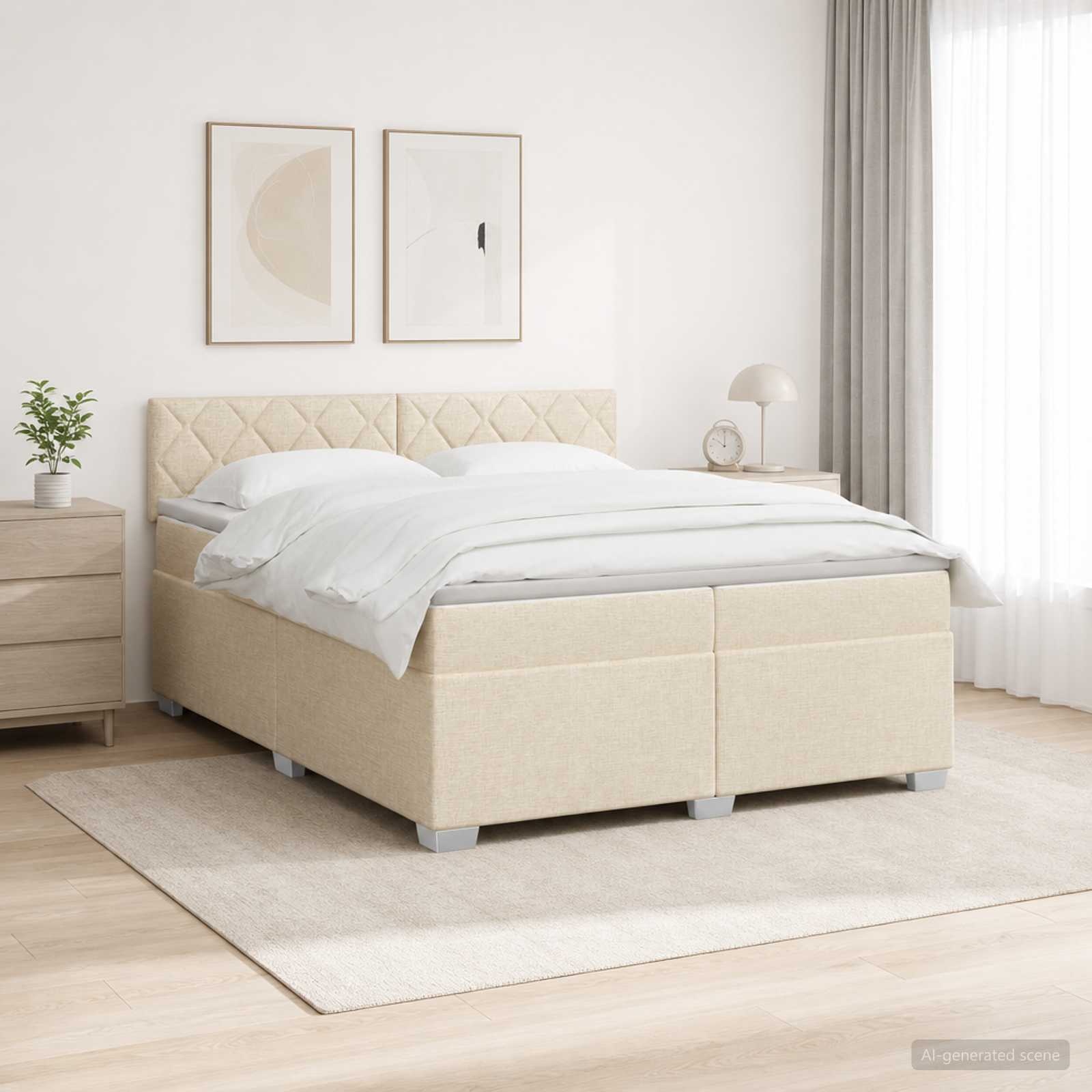 Κρεβάτι Box Spring με Στρώμα και LED Κρεμ 200 x 200 cm Ύφασμα - Pakobazaar