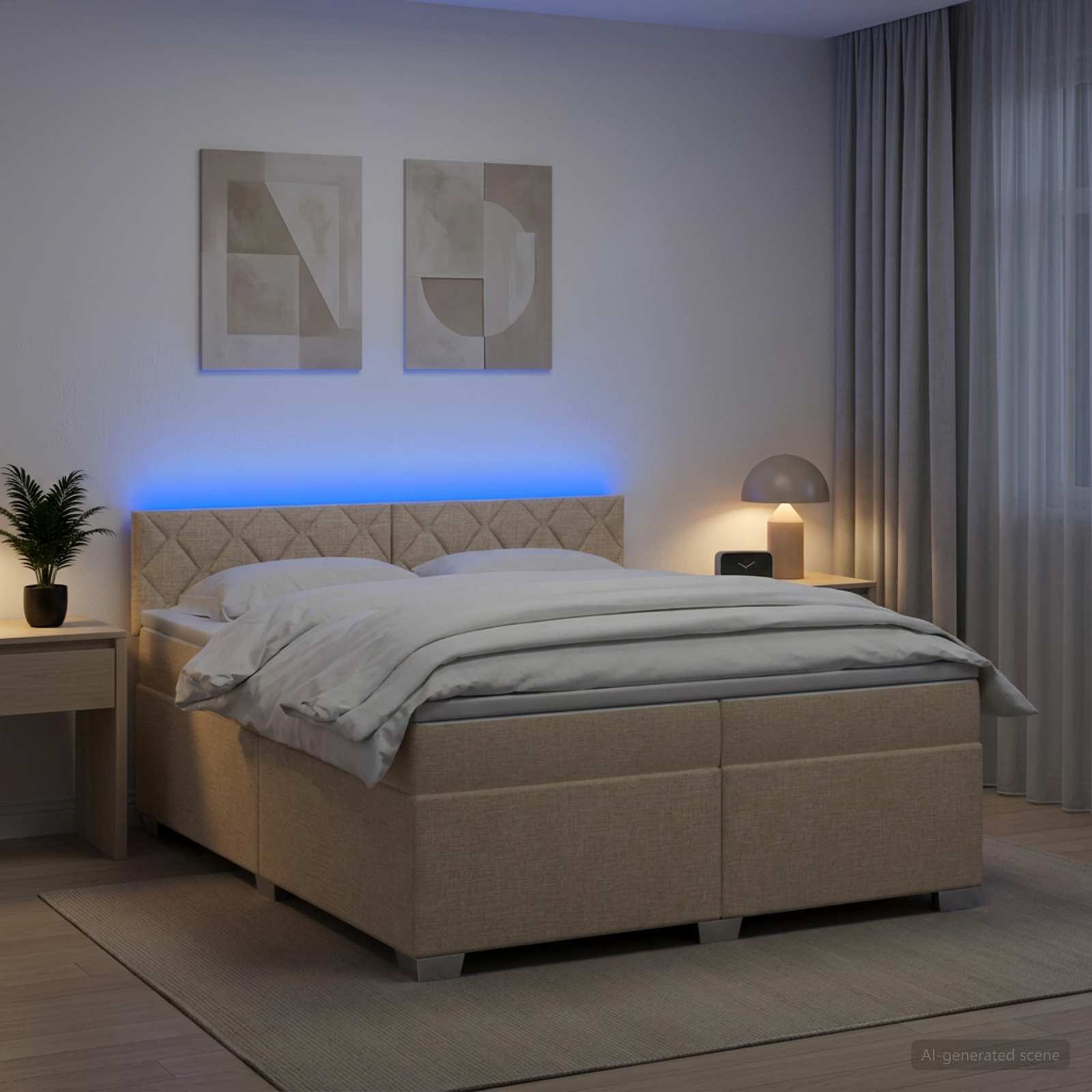 Κρεβάτι Box Spring με Στρώμα και LED Κρεμ 200 x 200 cm Ύφασμα - Pakobazaar