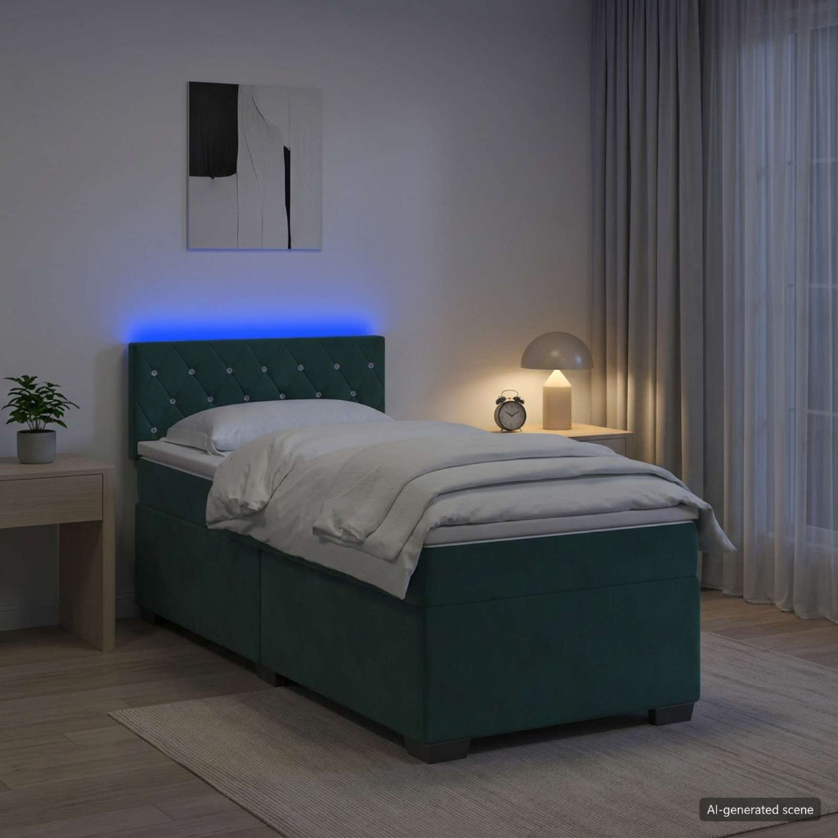 Κρεβάτι Box Spring με Στρώμα και LED Σκούρο Πράσινο 90 x 190 cm