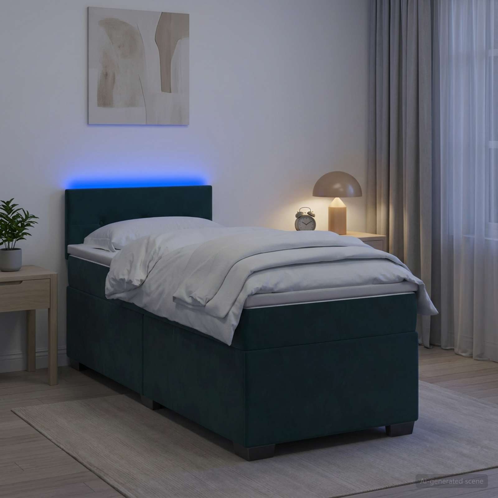 Κρεβάτι Box Spring με Στρώμα και LED Σκούρο Πράσινο Βελούδο