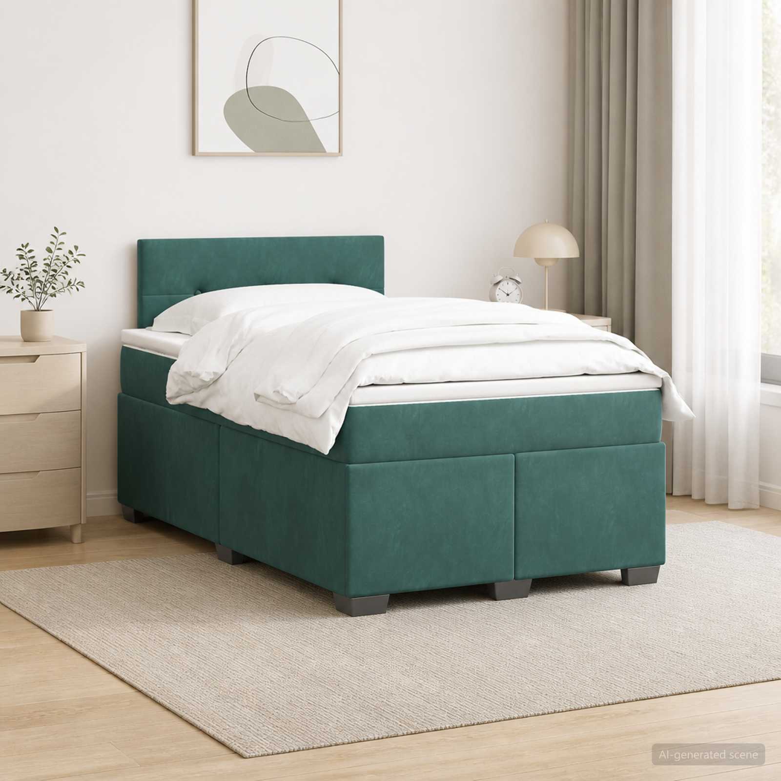 Κρεβάτι Box Spring με Στρώμα και LED Σκούρο Πράσινο Βελούδο