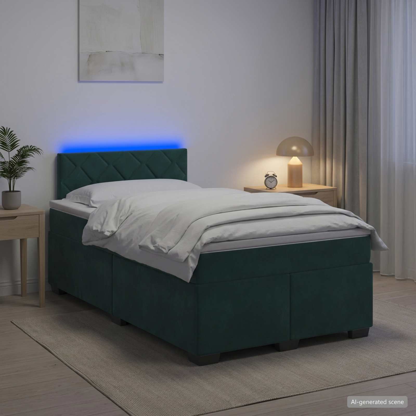 Κρεβάτι Box Spring με Στρώμα και LED Σκούρο Πράσινο Βελούδο - Pakobazaar