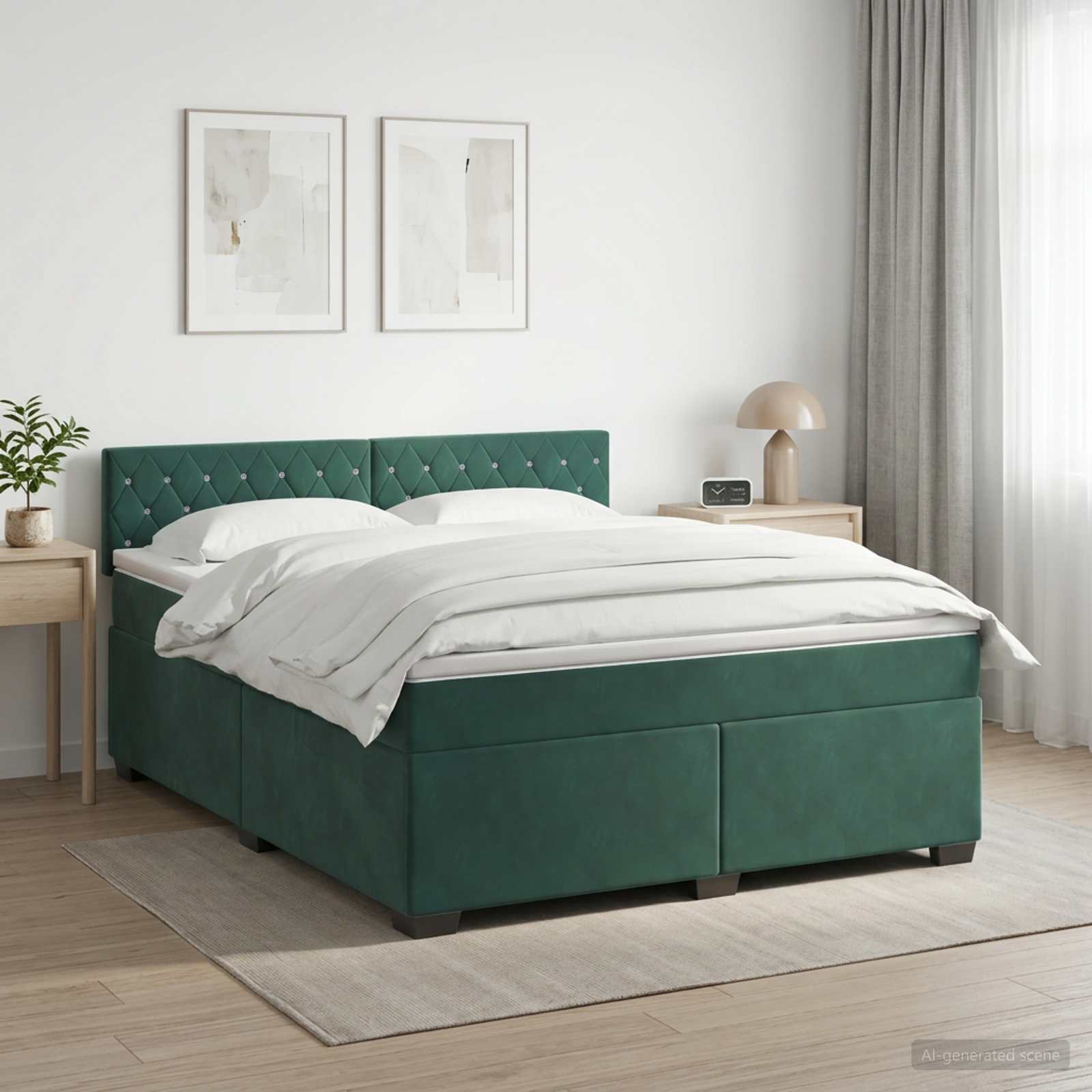 Κρεβάτι Box Spring με Στρώμα και LED Σκούρο Πράσινο Βελούδο - Pakobazaar