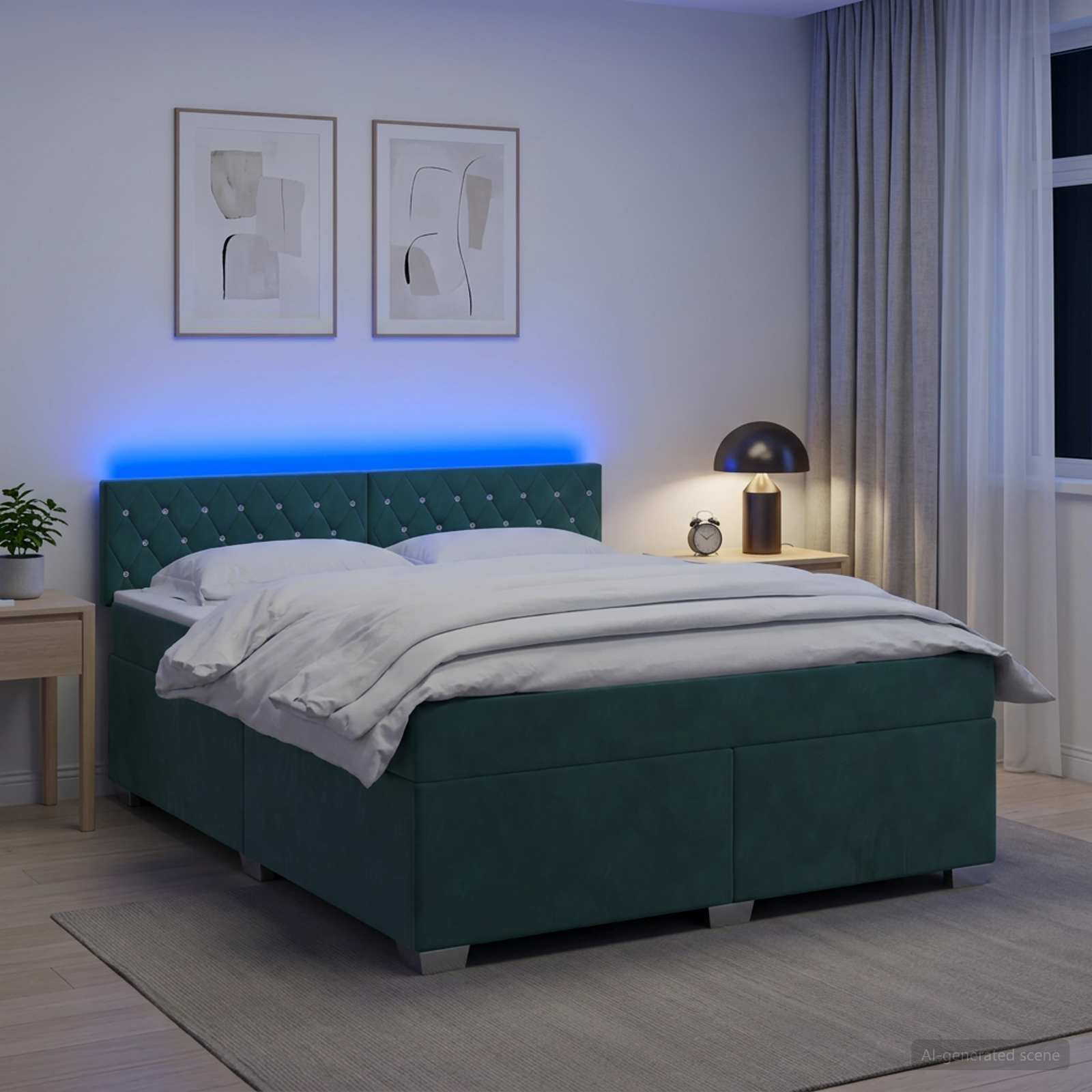 Κρεβάτι Box Spring με Στρώμα και LED Σκούρο Πράσινο Βελούδο - Pakobazaar