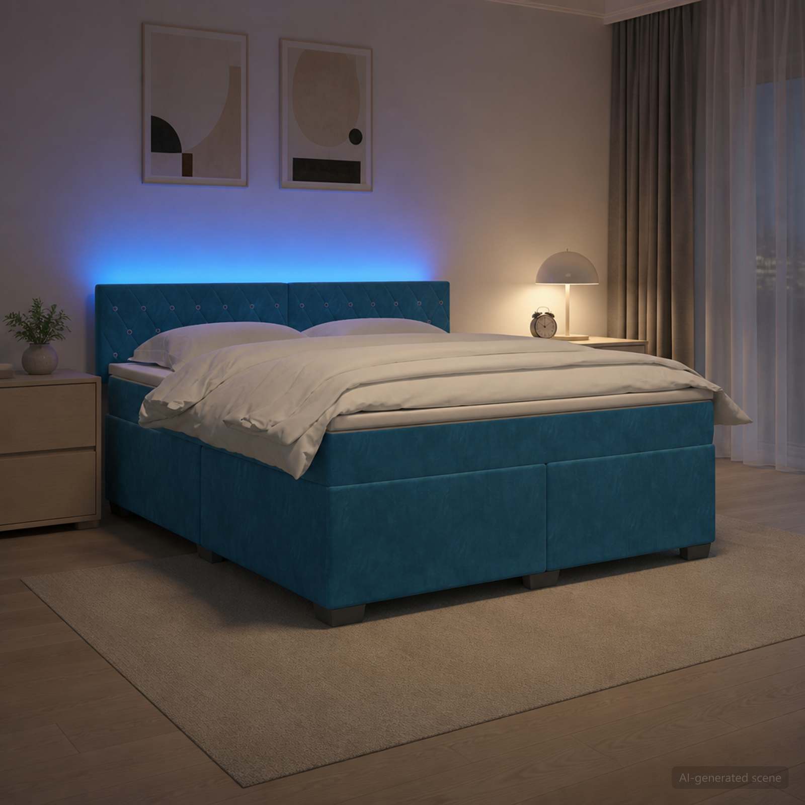Κρεβάτι Box Spring με Στρώμα και LED Μπλε 160 x 200 cm Βελούδο - Pakobazaar