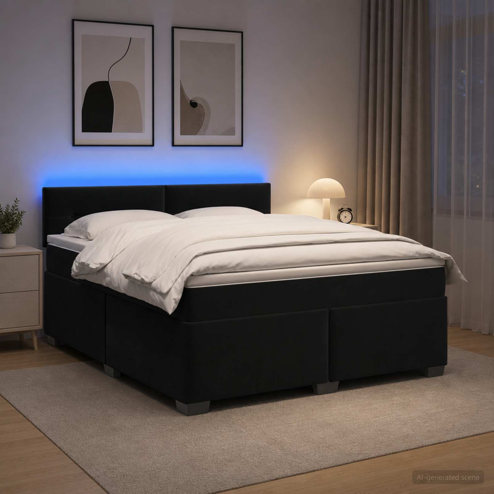 Κρεβάτι Box Spring με Στρώμα και LED Μαύρο 160 x 200 cm Βελούδο