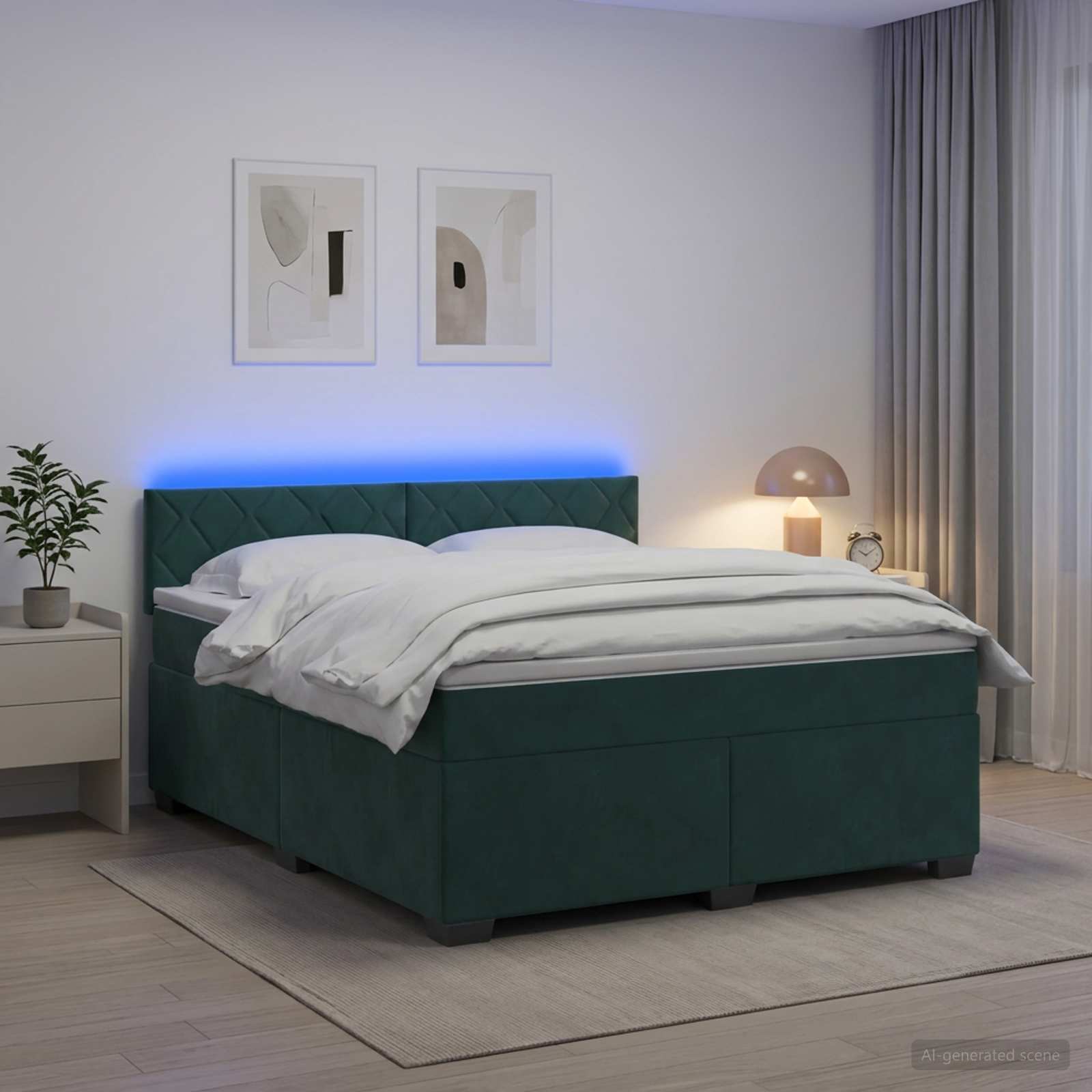 Κρεβάτι Box Spring με Στρώμα και LED Σκούρο Πράσινο Βελούδο - Pakobazaar