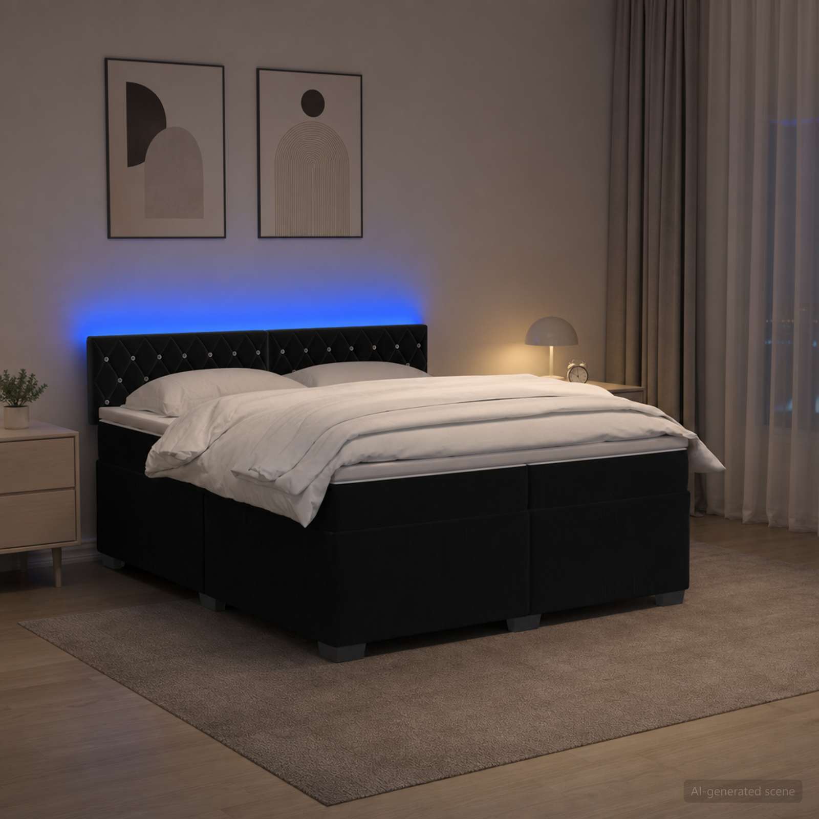 Κρεβάτι Box Spring με Στρώμα και LED Μαύρο 200 x 200 cm Βελούδο