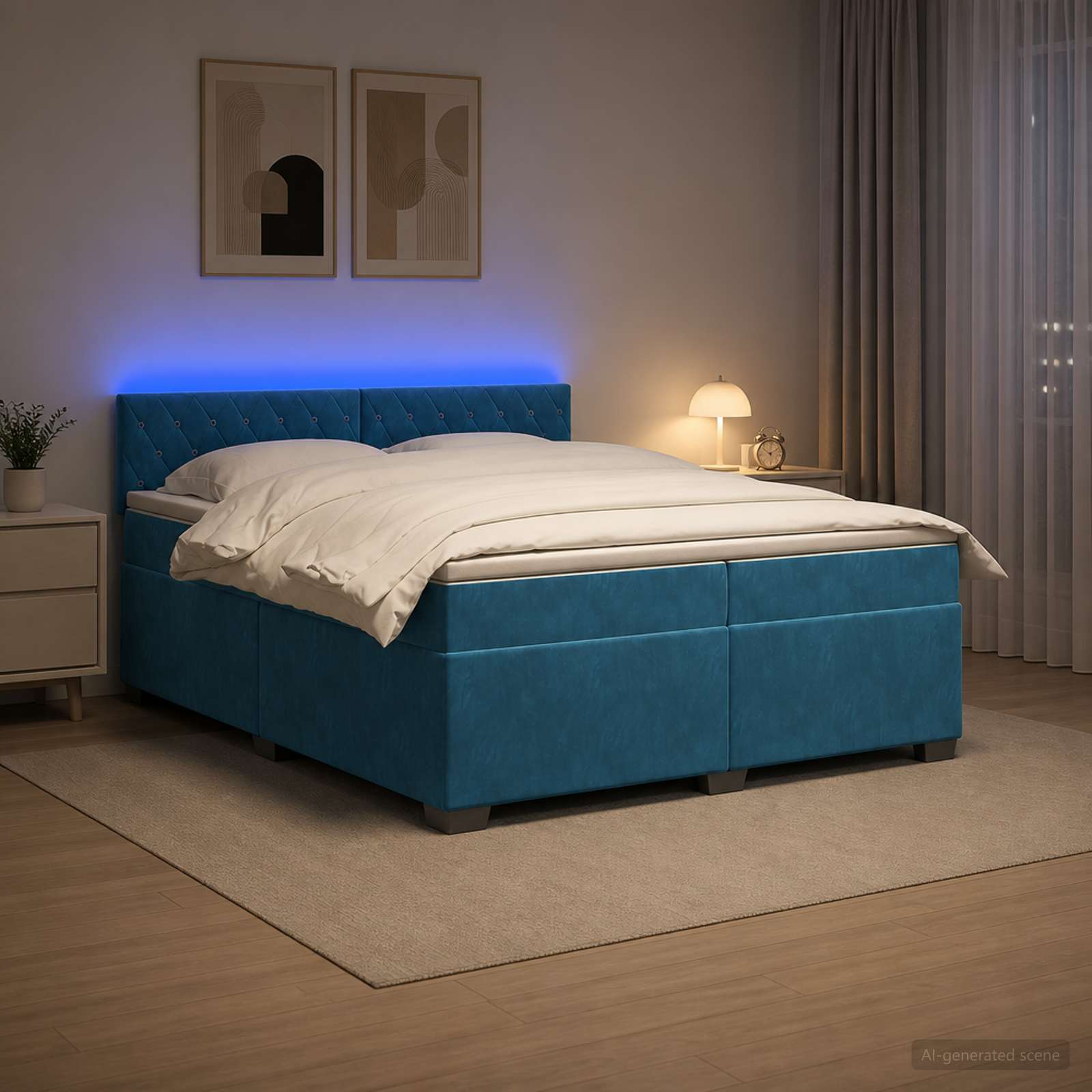 Κρεβάτι Box Spring με Στρώμα και LED Μπλε 200 x 200 cm Βελούδο - Pakobazaar