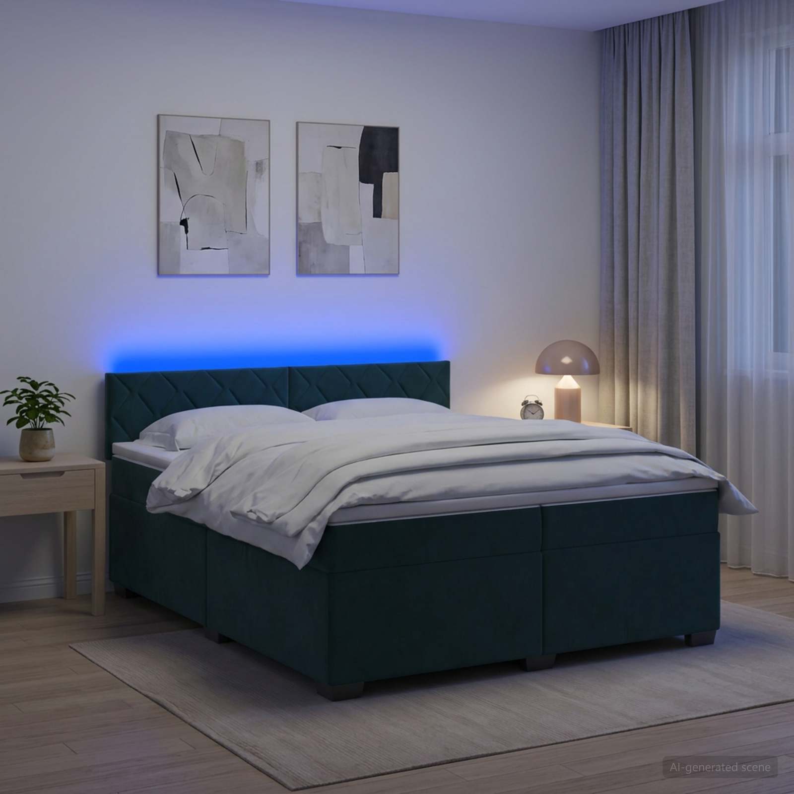 Κρεβάτι Box Spring με Στρώμα και LED Σκούρο Πράσινο Βελούδο - Pakobazaar