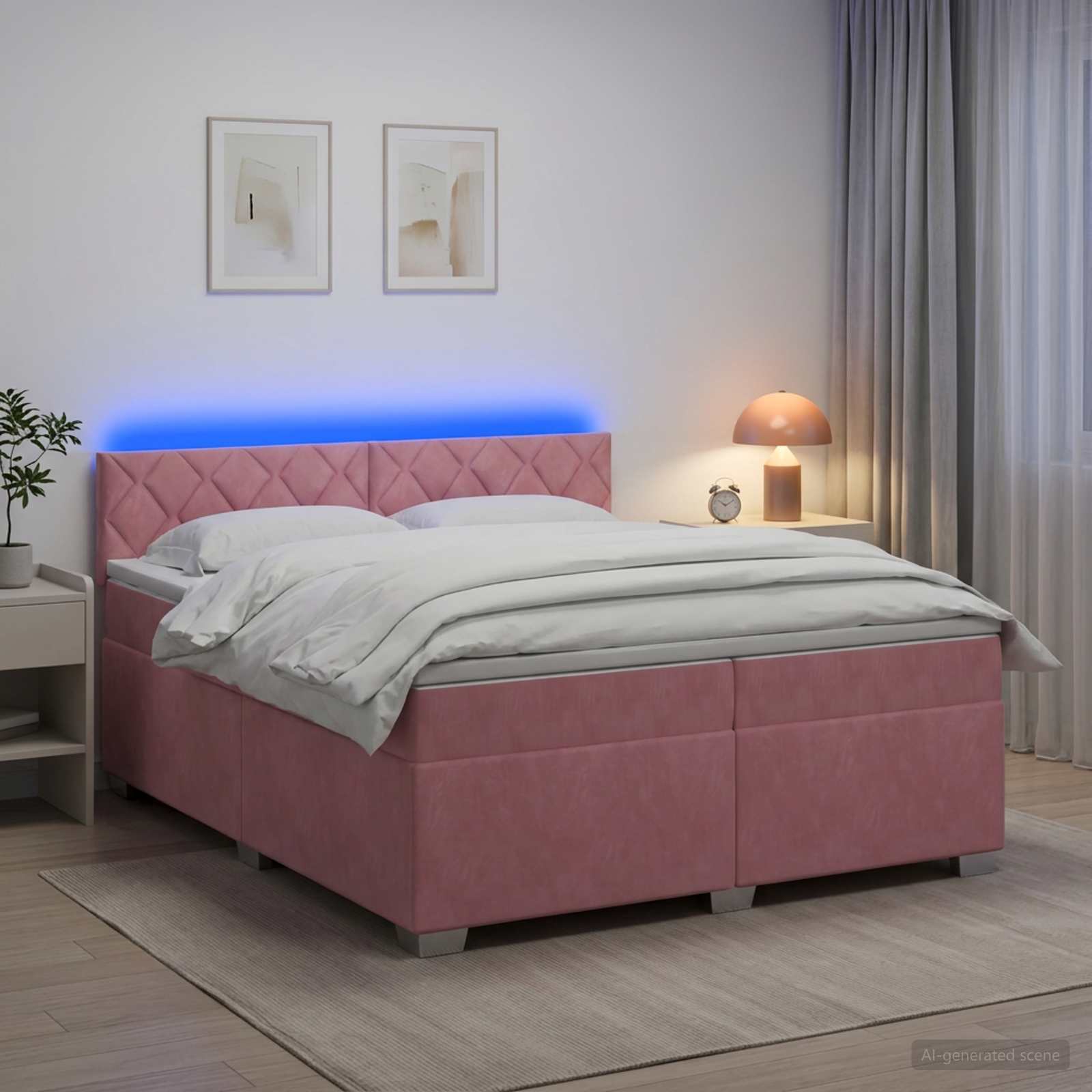 Κρεβάτι Box Spring με Στρώμα και LED Ροζ 200 x 200 cm Βελούδο - Pakobazaar