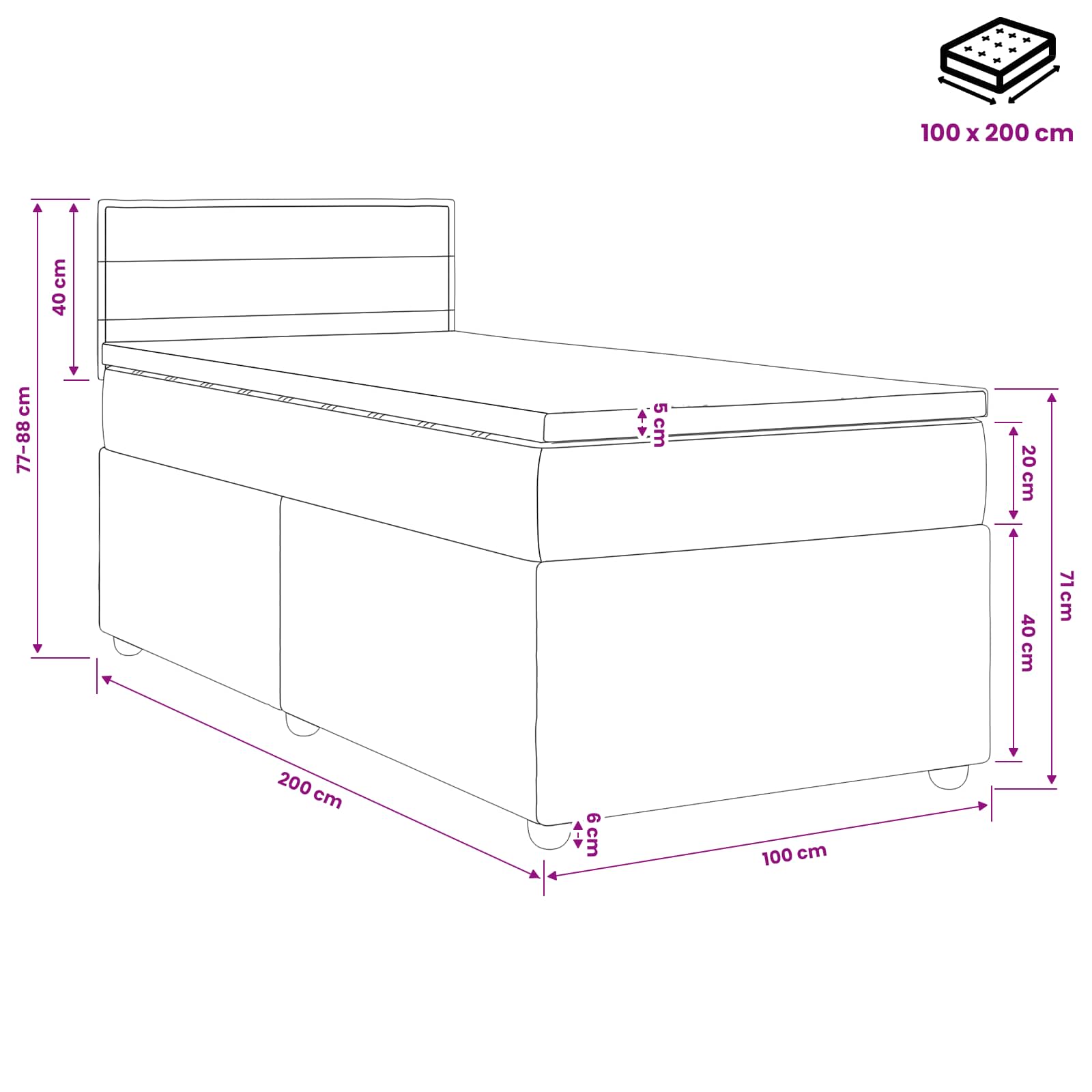 Κρεβάτι box spring με στρώμα Σκούρο Γκρι 100 x 200 cm Ύφασμα - Pakobazaar