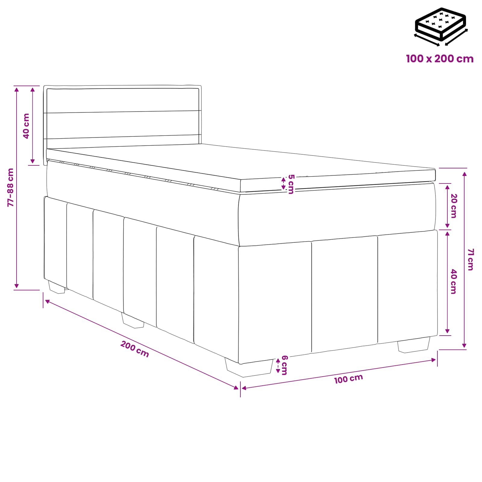 Κρεβάτι box spring με στρώμα Σκούρο Γκρι 100 x 200 cm Ύφασμα