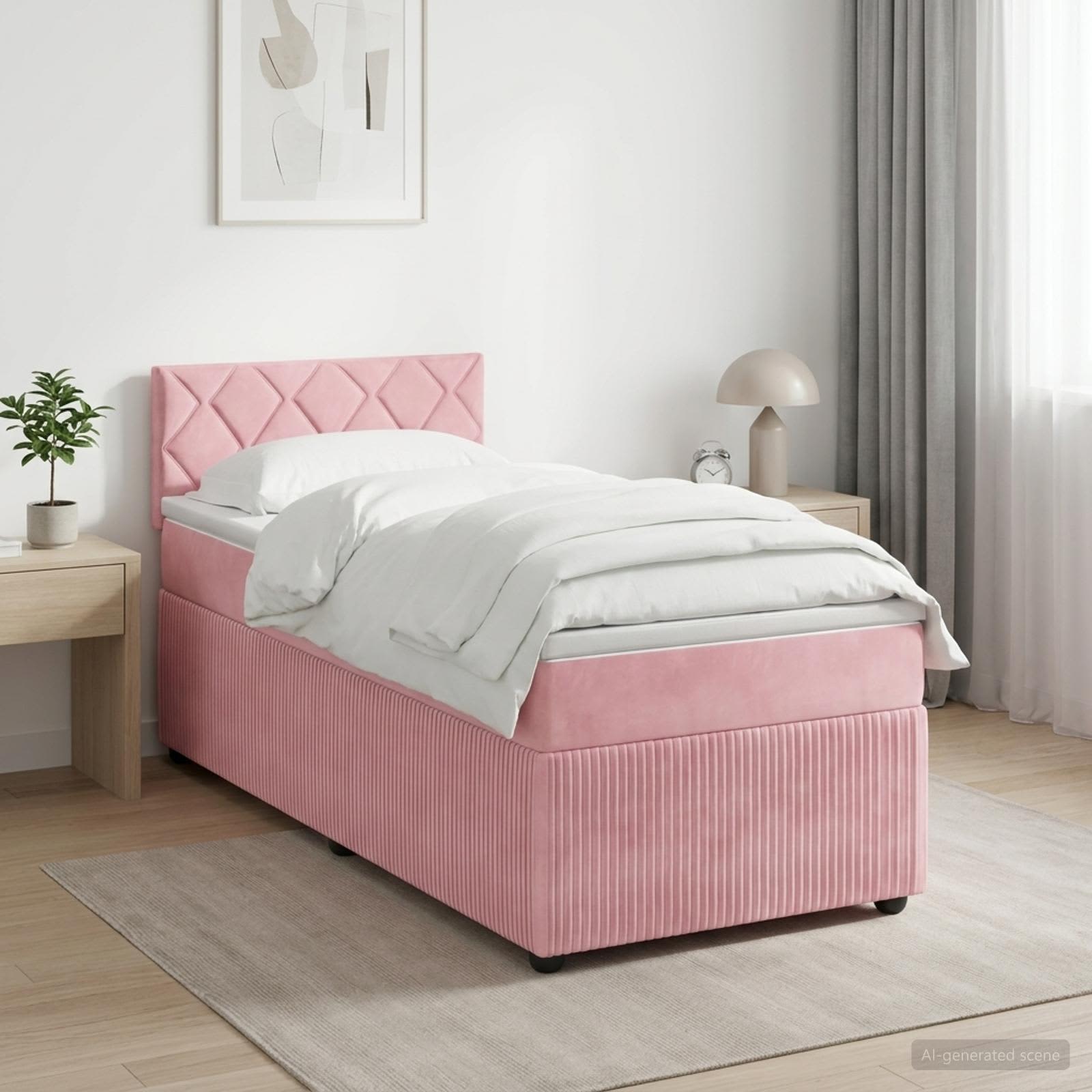 Κρεβάτι box spring με στρώμα Ροζ 90 x 190 cm Βελούδο - Pakobazaar