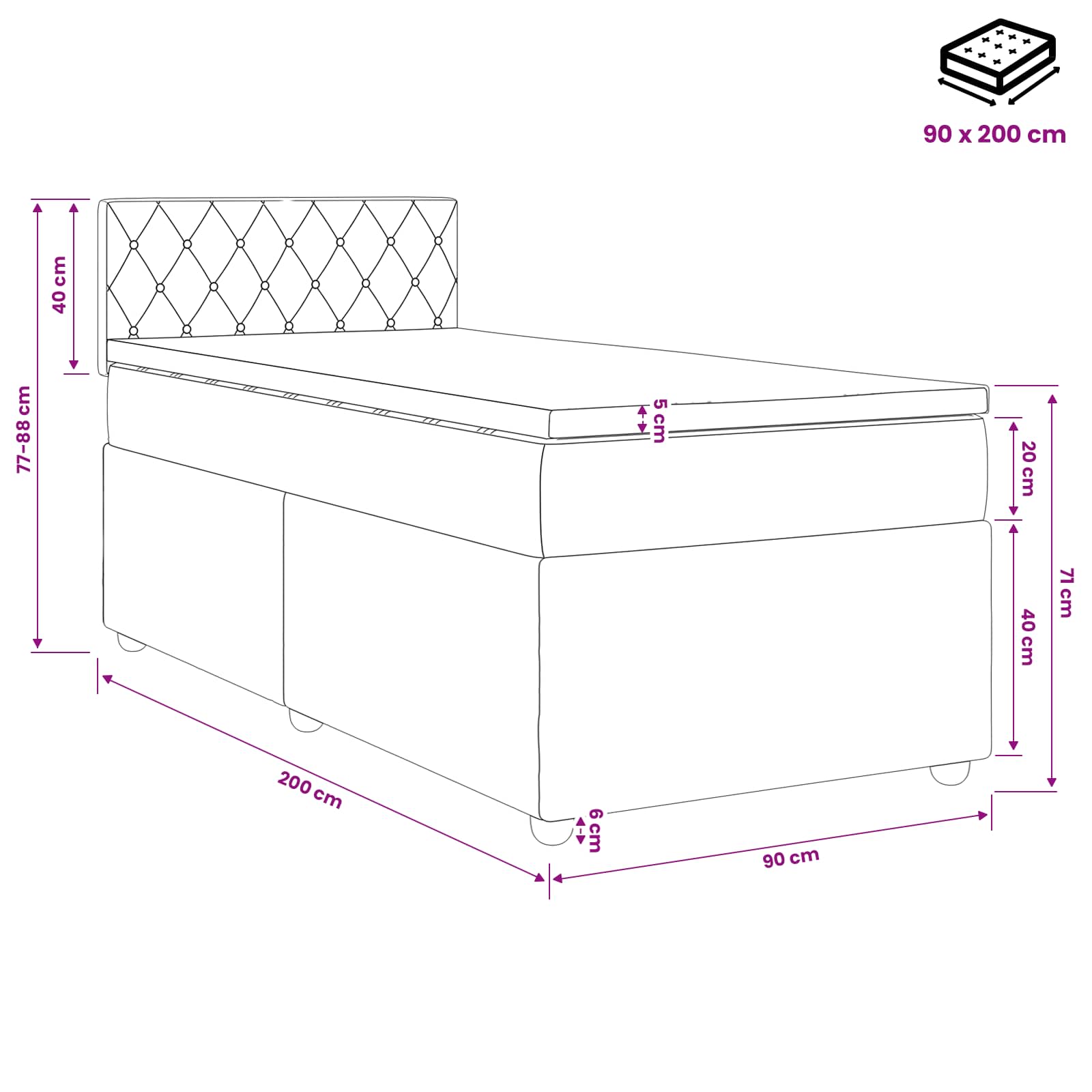 Κρεβάτι box spring με στρώμα Σκούρο Γκρι 90 x 200 cm Βελούδο