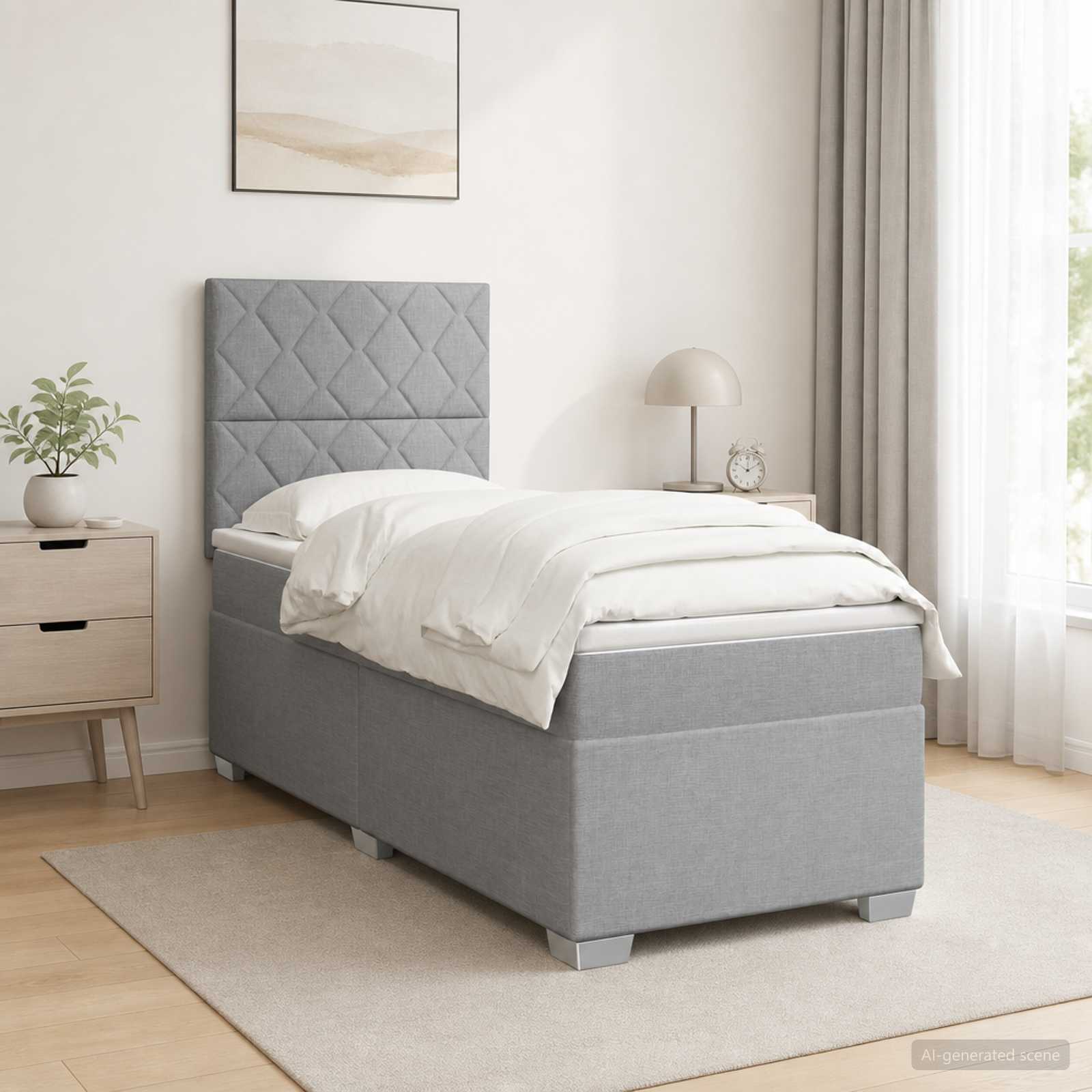 Κρεβάτι box spring με στρώμα Ανοιχτό γκρι Μονό Ύφασμα - Pakobazaar
