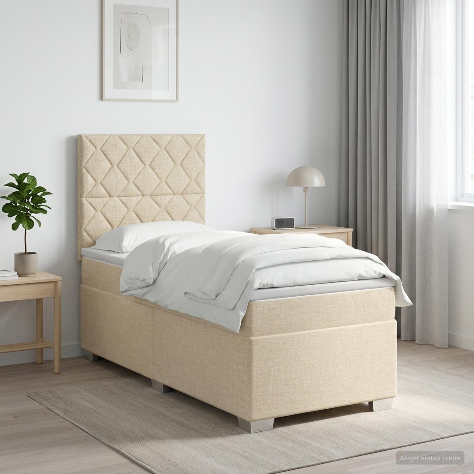 Κρεβάτι box spring με στρώμα Κρεμ 90 x 190 cm Ύφασμα - Pakobazaar