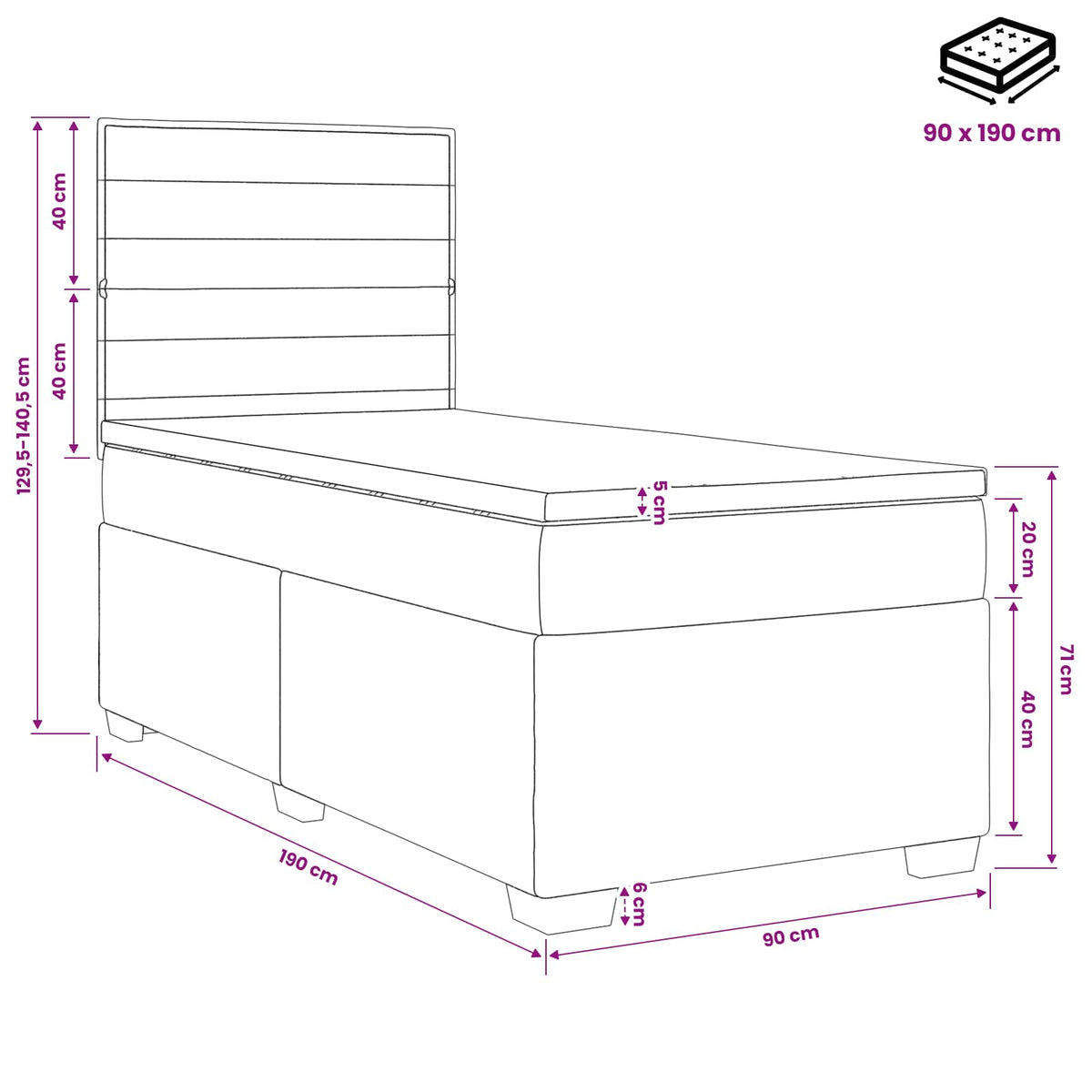 Κρεβάτι box spring με στρώμα Ανοιχτό γκρι 90 x 190 cm Ύφασμα - Pakobazaar