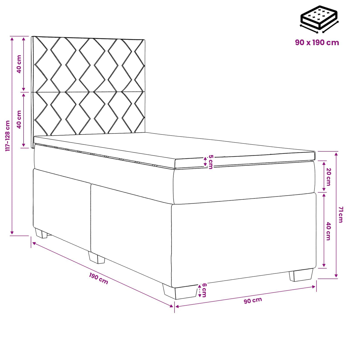 Κρεβάτι box spring με στρώμα Μαύρο 90 x 190 cm Ύφασμα - Pakobazaar