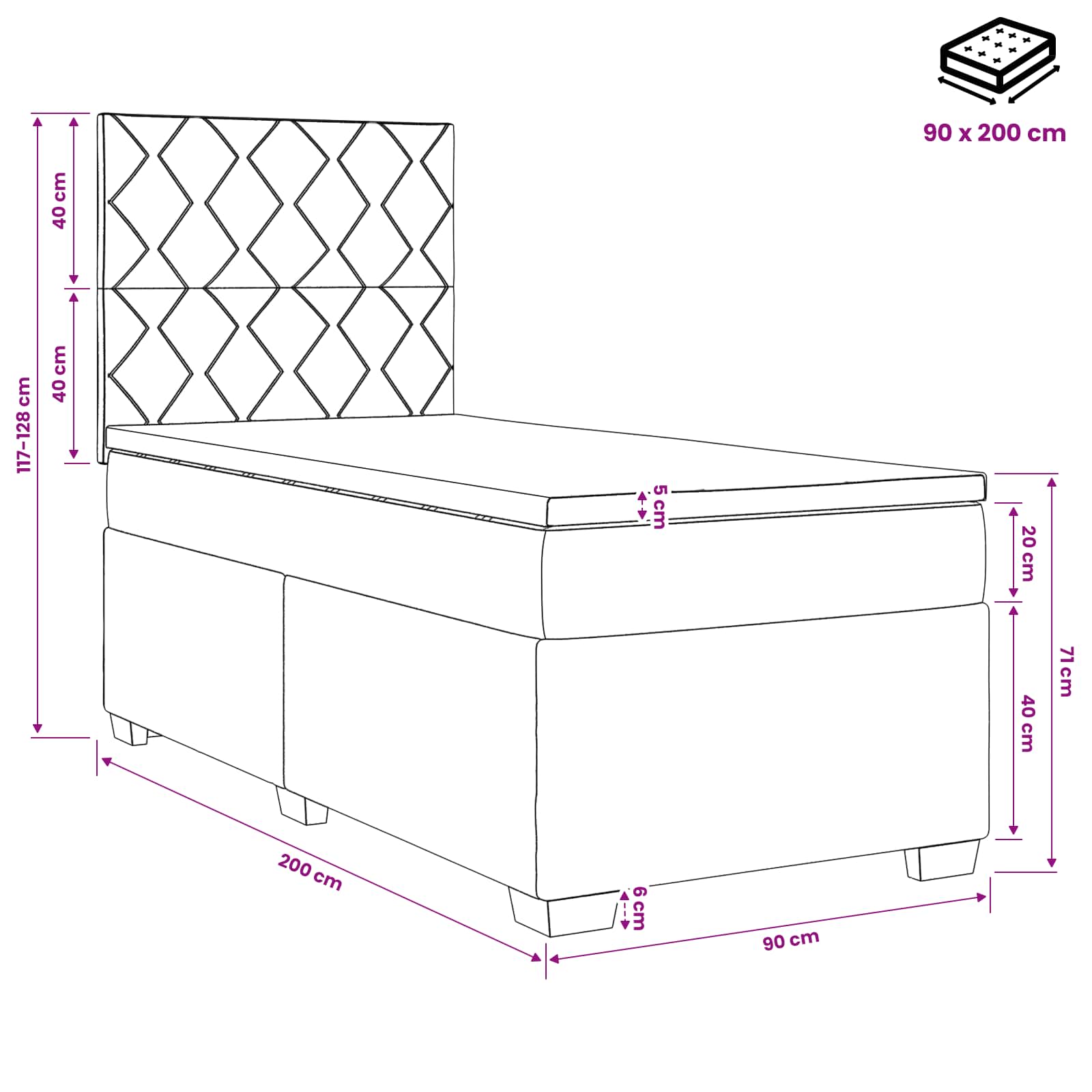 Κρεβάτι box spring με στρώμα Σκούρο Γκρι 90 x 200 cm Ύφασμα - Pakobazaar