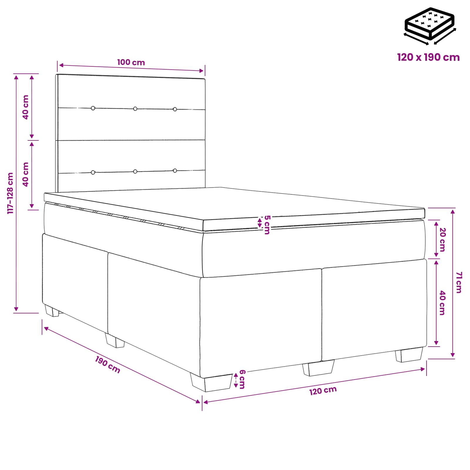 Κρεβάτι box spring με στρώμα Μαύρο 120 x 190 cm Ύφασμα - Pakobazaar
