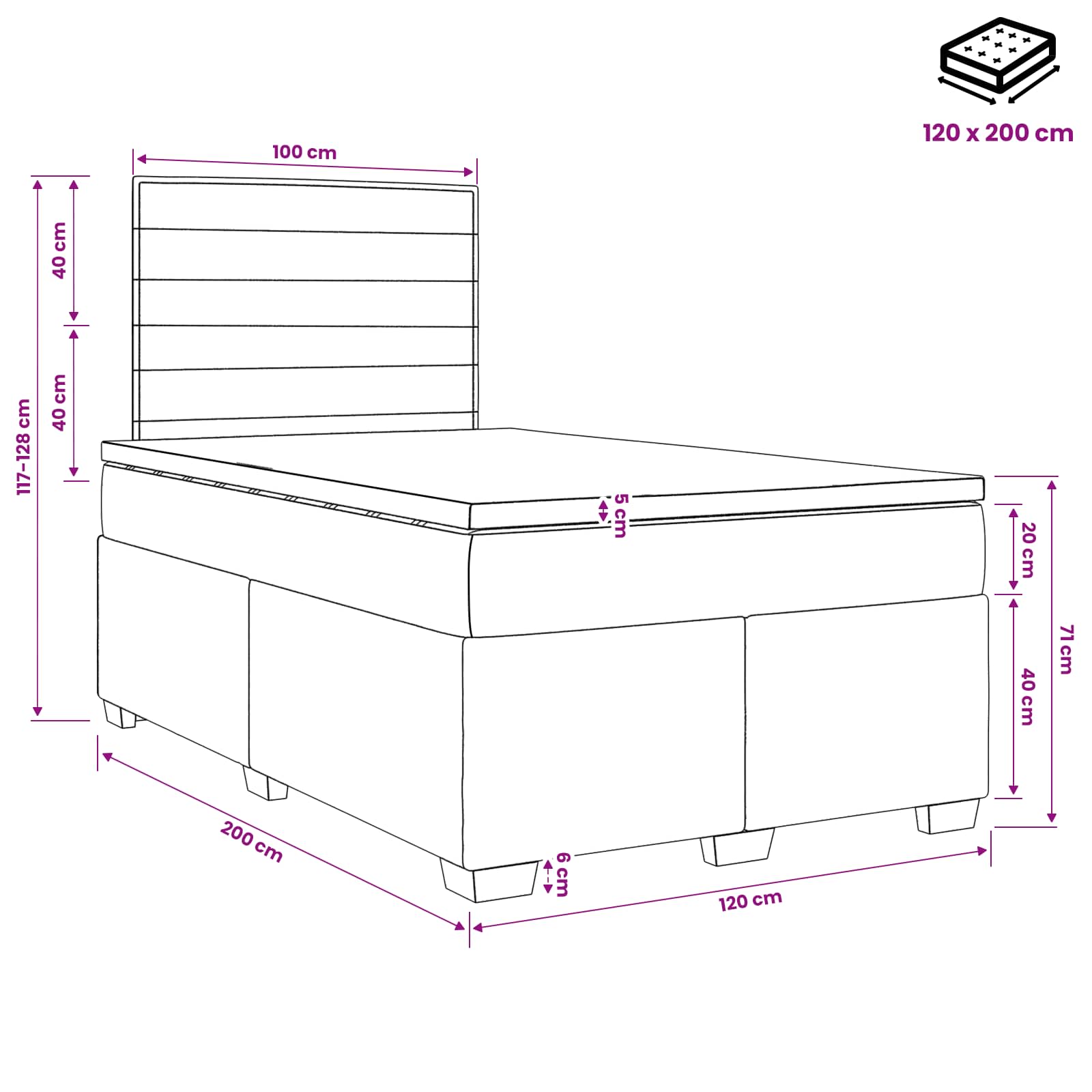 Κρεβάτι box spring με στρώμα Σκούρο Γκρι 120 x 200 cm Ύφασμα - Pakobazaar