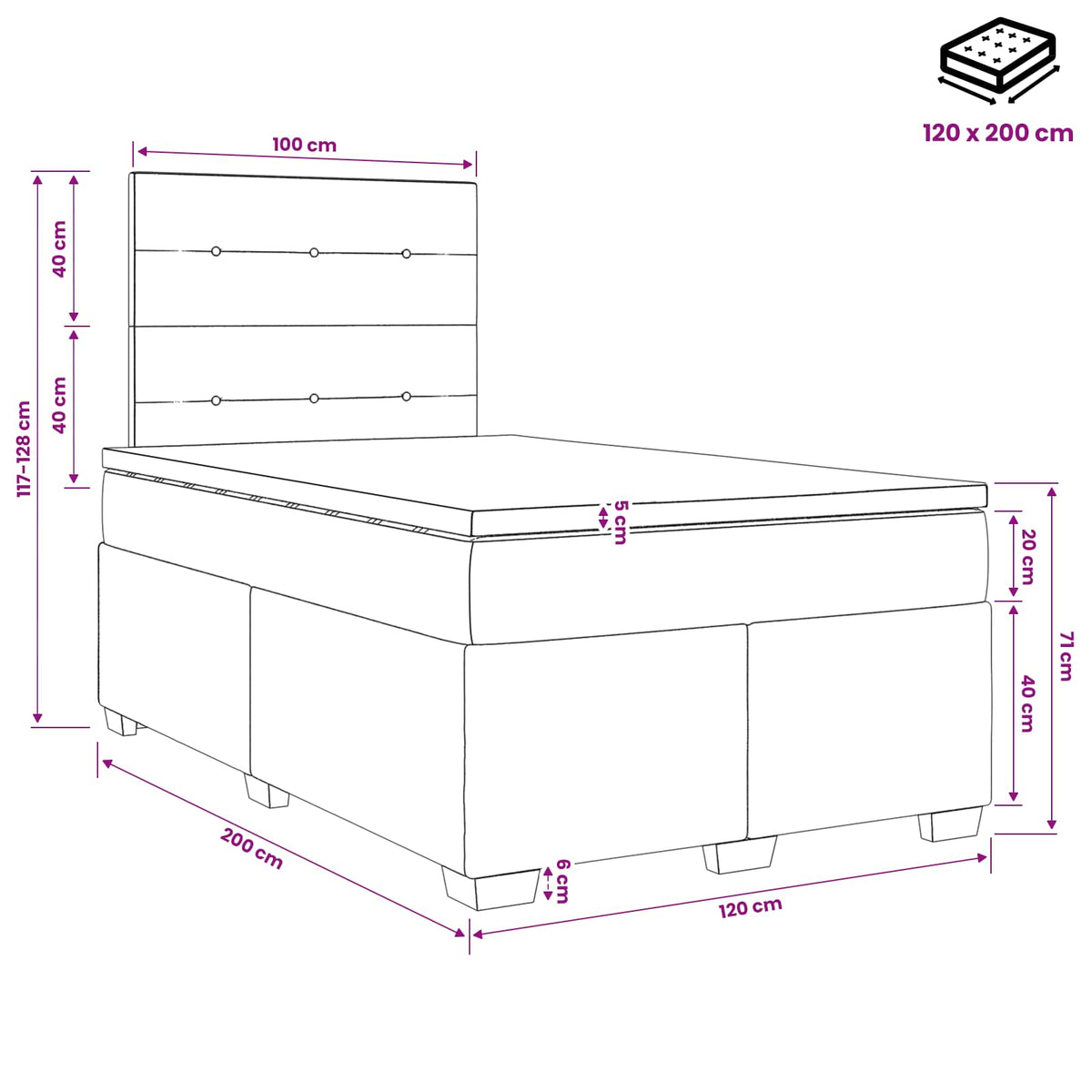 Κρεβάτι box spring με στρώμα Σκούρο Γκρι 120 x 200 cm Ύφασμα - Pakobazaar