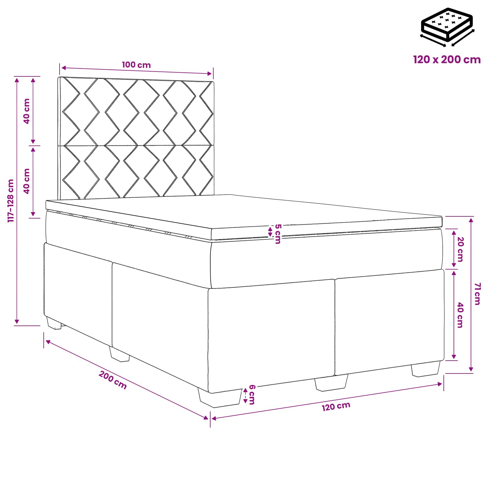 Κρεβάτι box spring με στρώμα Σκούρο Γκρι 120 x 200 cm Ύφασμα - Pakobazaar