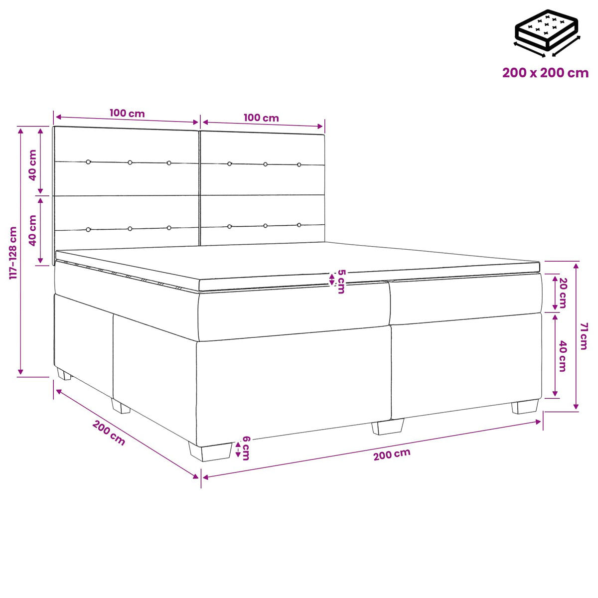 Κρεβάτι box spring με στρώμα Μαύρο 200 x 200 cm Ύφασμα - Pakobazaar