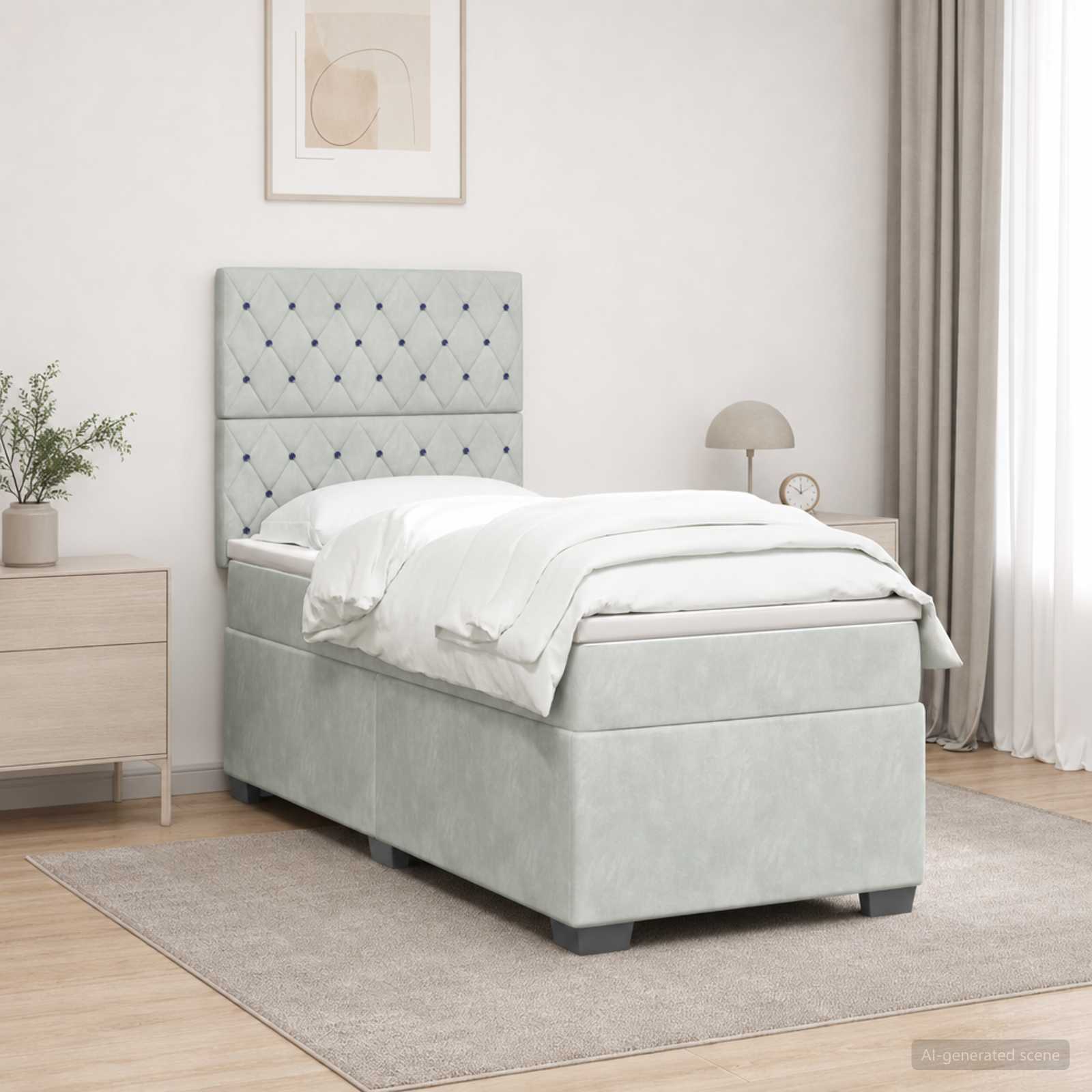 Κρεβάτι box spring με στρώμα Ανοιχτό γκρι 90 x 190 cm Βελούδο - Pakobazaar